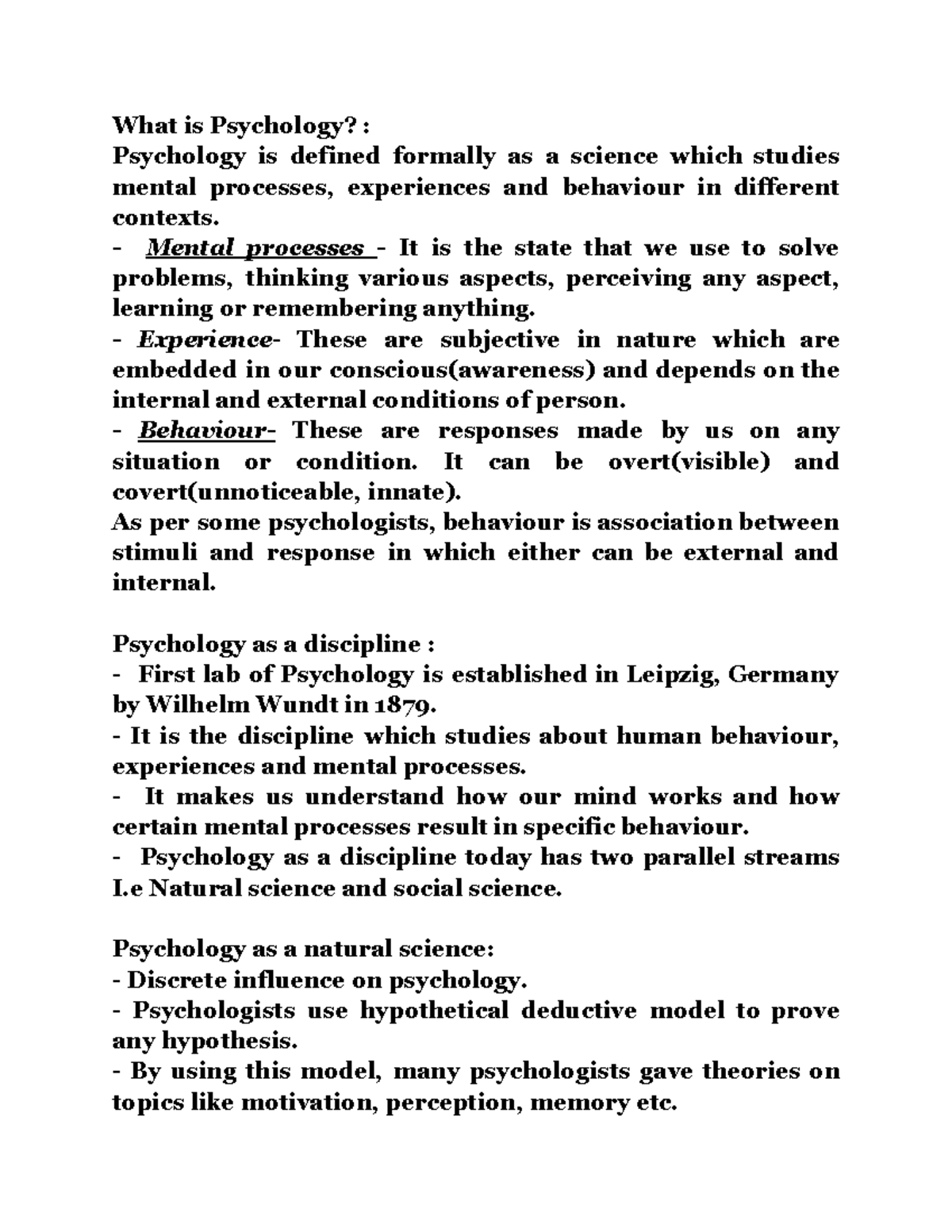 in class lecture notes psych - What is Psychology? : Psychology is ...