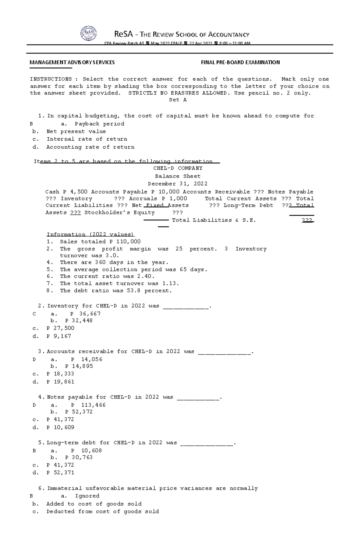 Re SA B43 MAS Final PB Exam Questions Answers Solutions - ReSA - THE ...