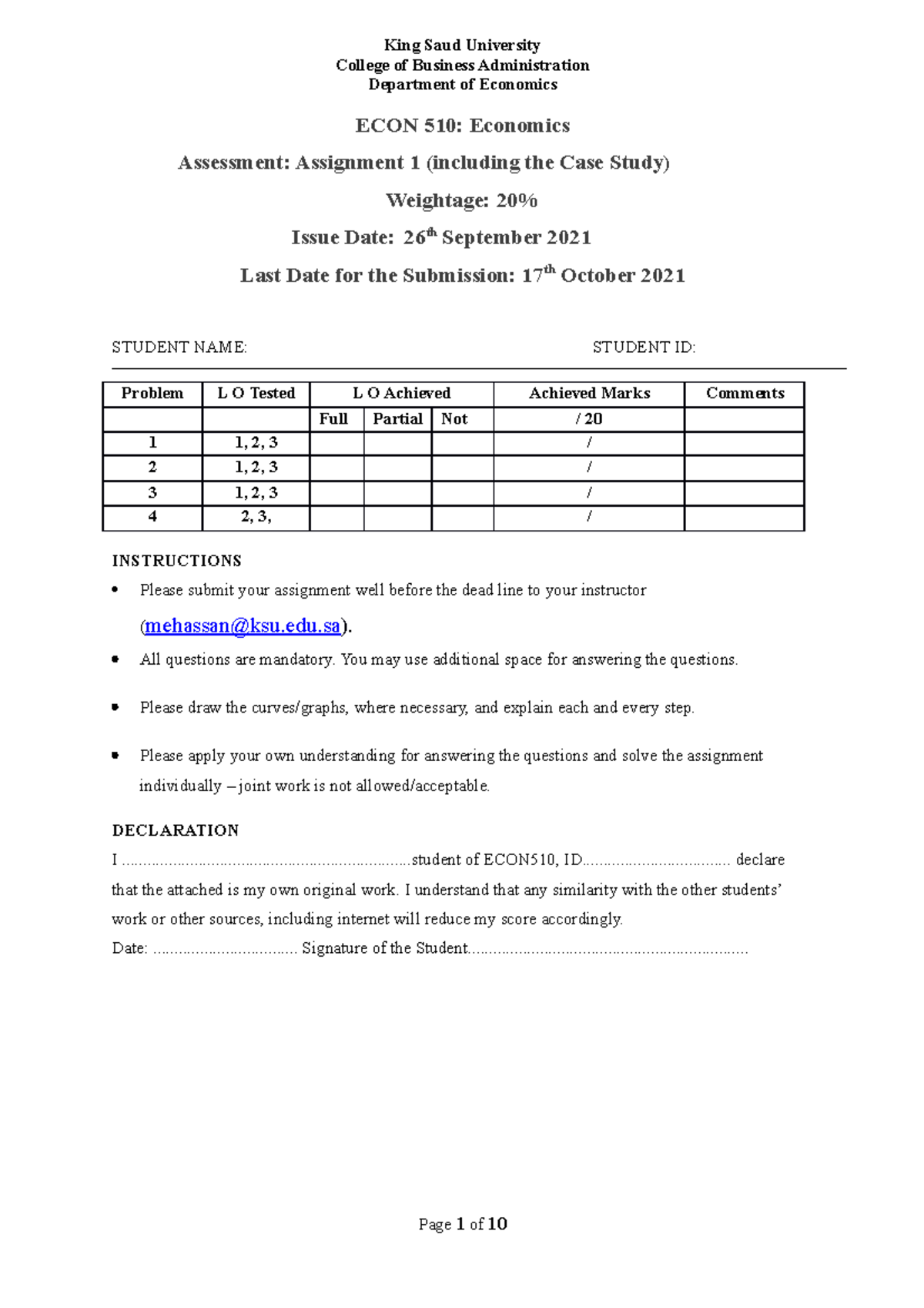 1st Assignment Econ 510 - College of Business Administration Department ...