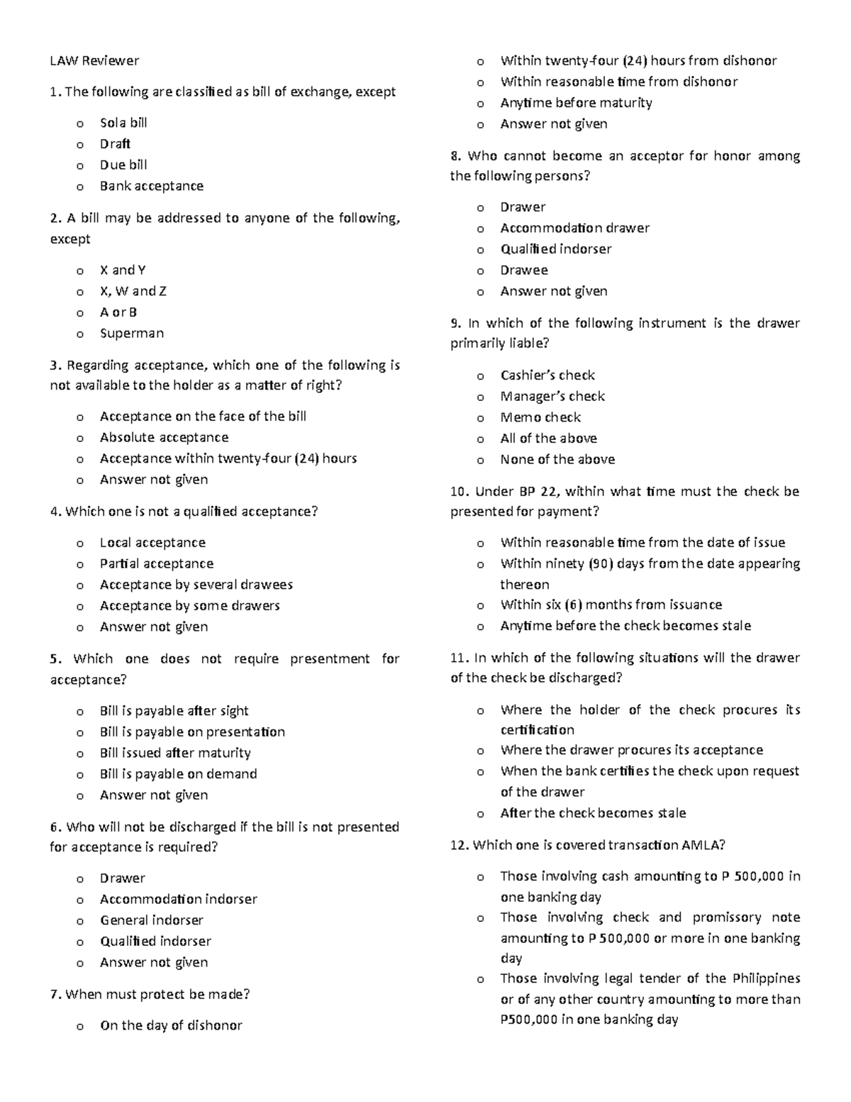 Law-reviewer - Negotiable Instrument Sample Question - Law Reviewer The 