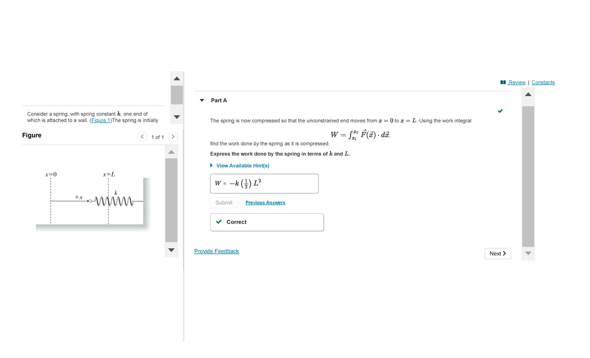 Mastering Physics Ch 06 HW - Work Done By A Spring - 1 of 1 Next ...