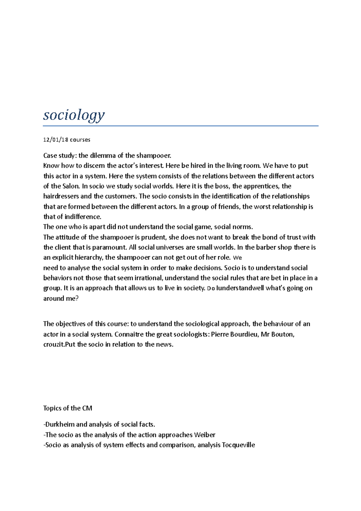 Sociology - Notes de cours 1-12 - sociology 12/01/18 courses Case study ...