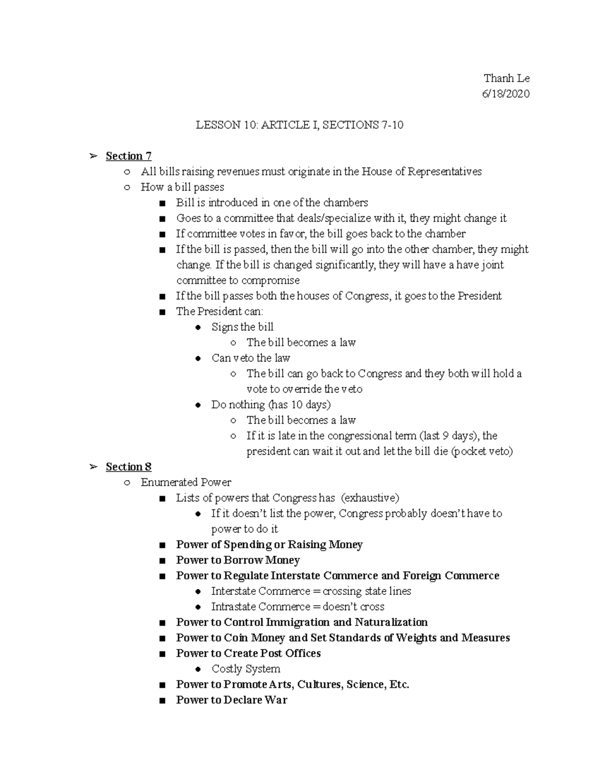 GOV- Lecture 10 Article I, sections 7-10 - Thanh Le 6/18/ LESSON 10 ...