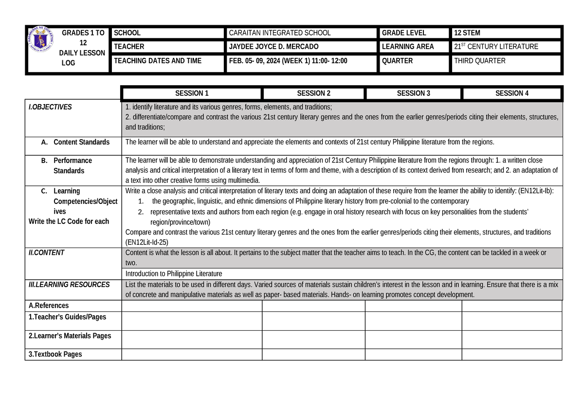 21st - 21st century literature - GRADES 1 TO 12 DAILY LESSON LOG SCHOOL ...