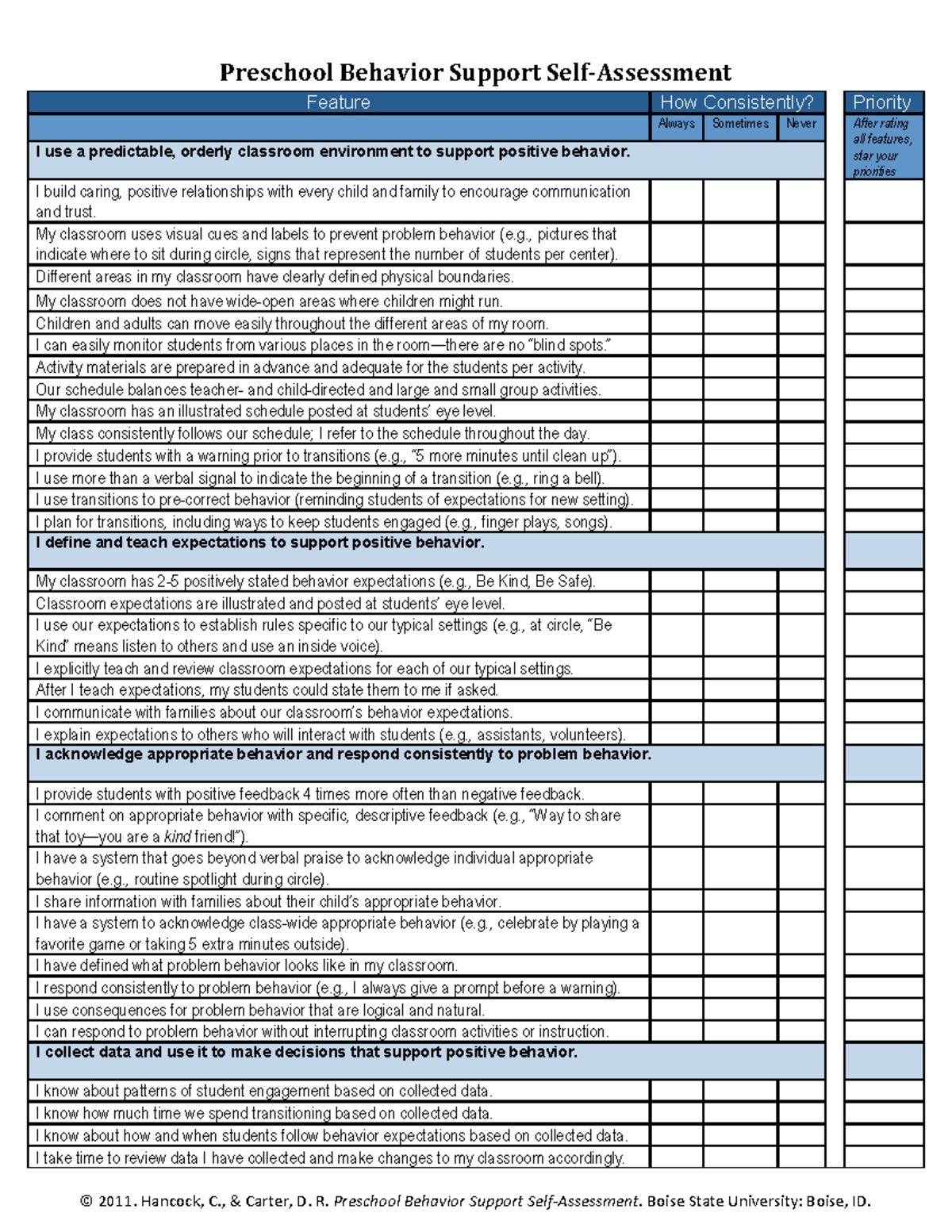 preschool self-assessment - © 2011. Hancock, C., & Carter, D. R ...