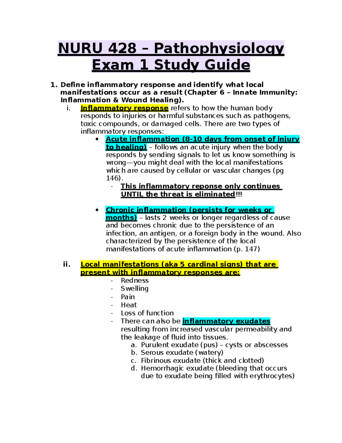 NURU 428 Pathophysiology Exam 1 Study Guide (my version) - NURU 429 ...