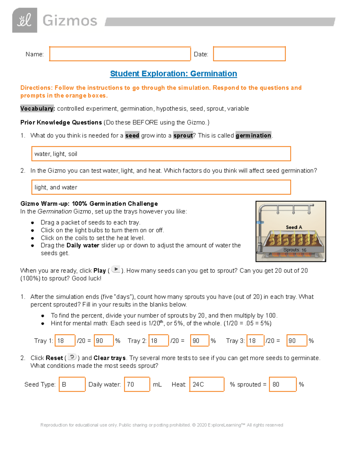 Gizmo Germintaion Lab Name Date Student Exploration Germination