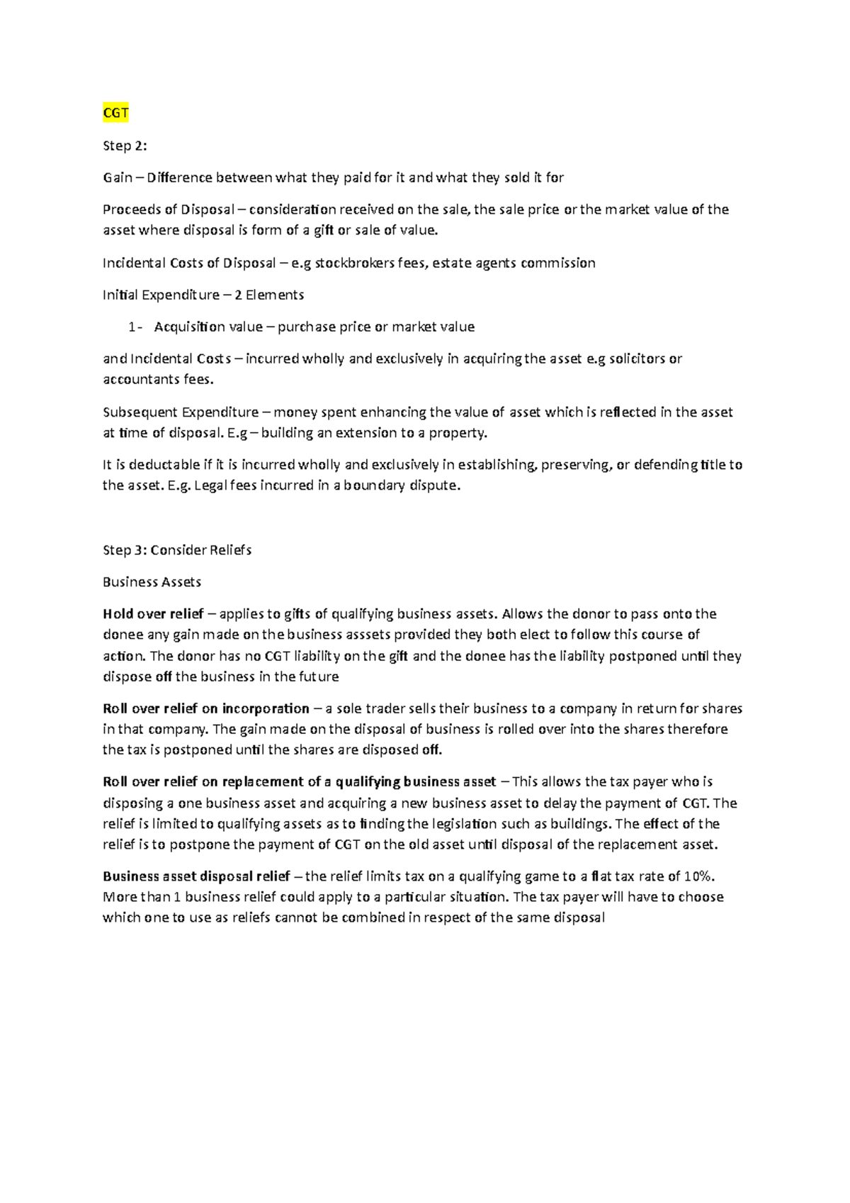 CGT - notes - CGT Step 2: Gain – Difference between what they paid for ...
