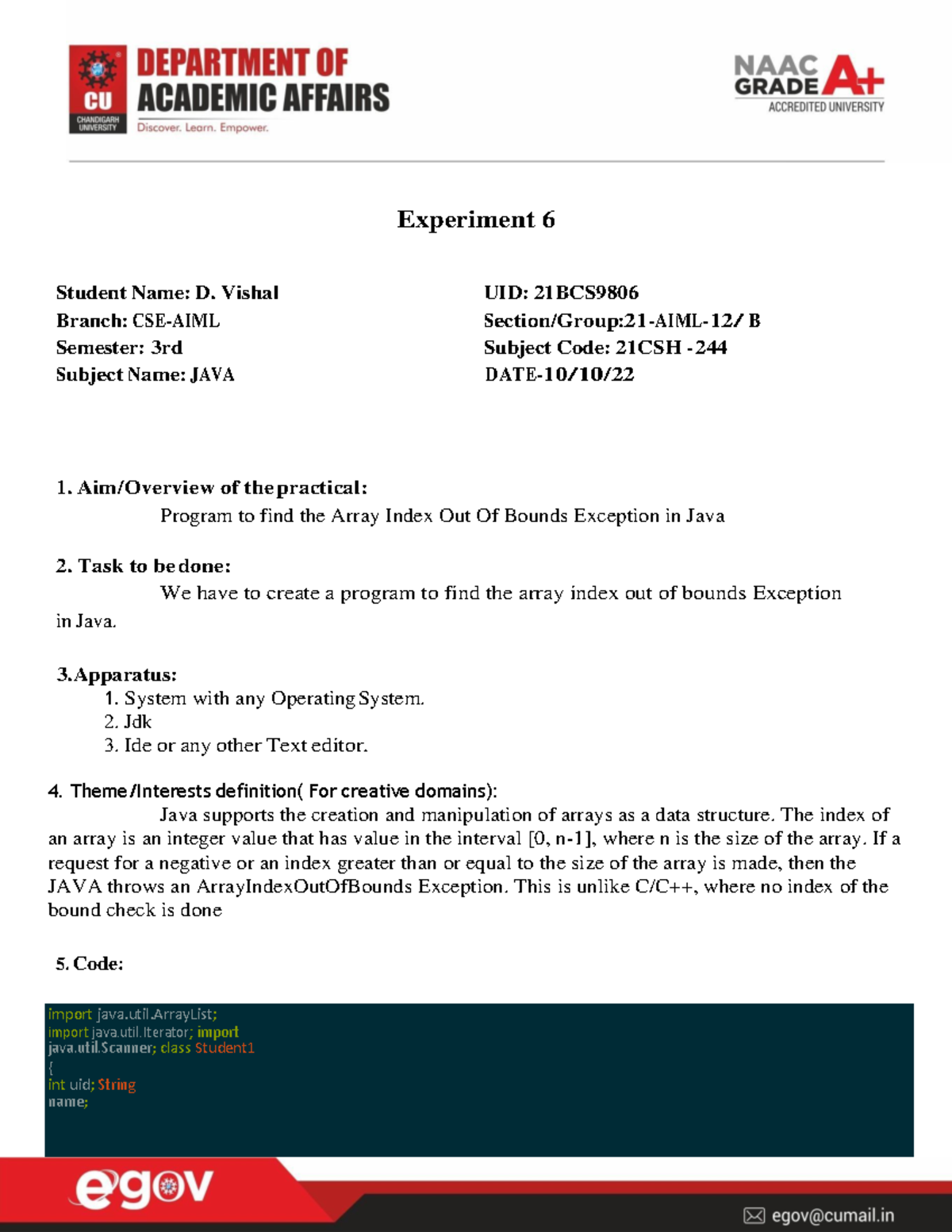 java 6 practical - Experiment 6 Student Name: D. Vishal UID: 21BCS ...