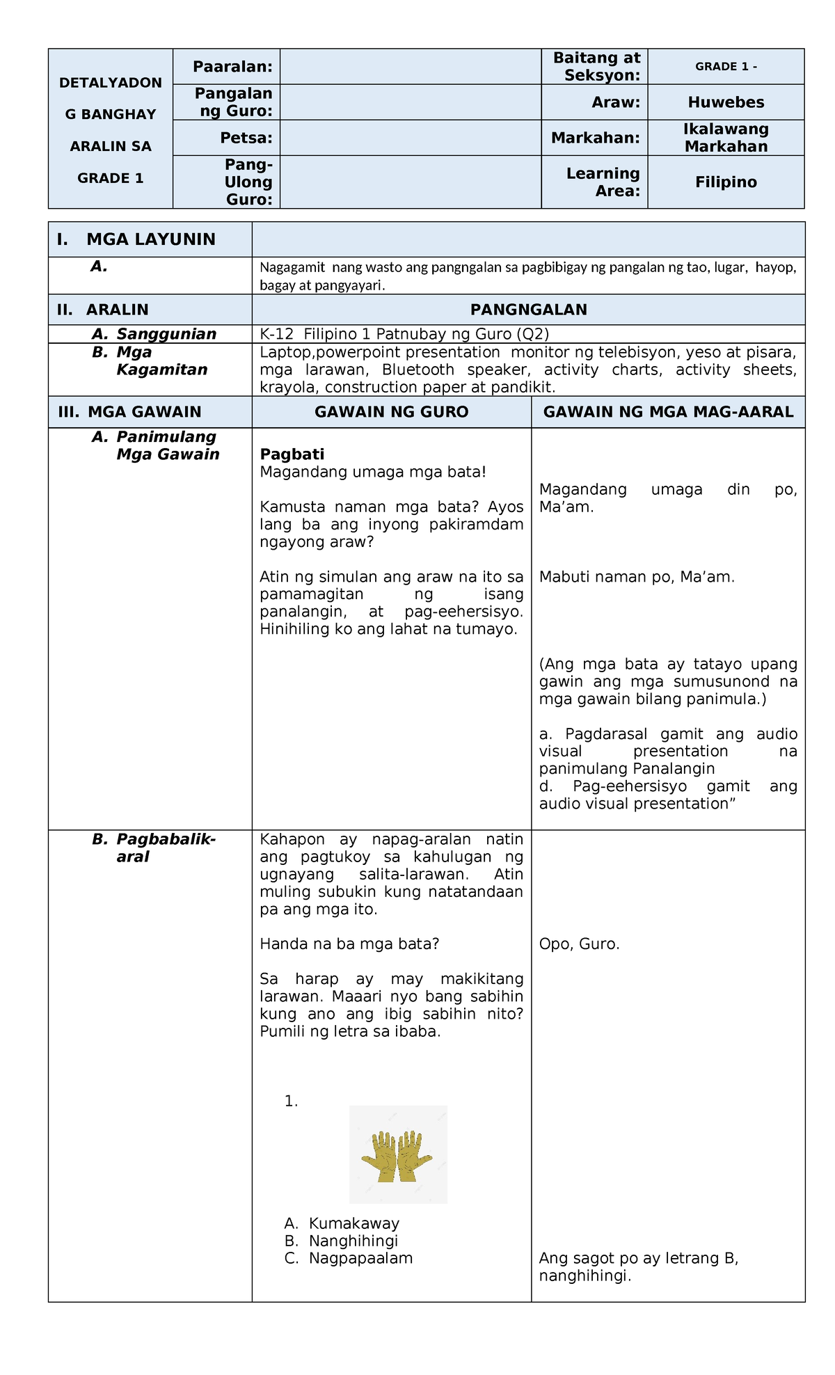 Pangngalan-DLP - Nice - DETALYADON G BANGHAY ARALIN SA GRADE 1 Paaralan ...