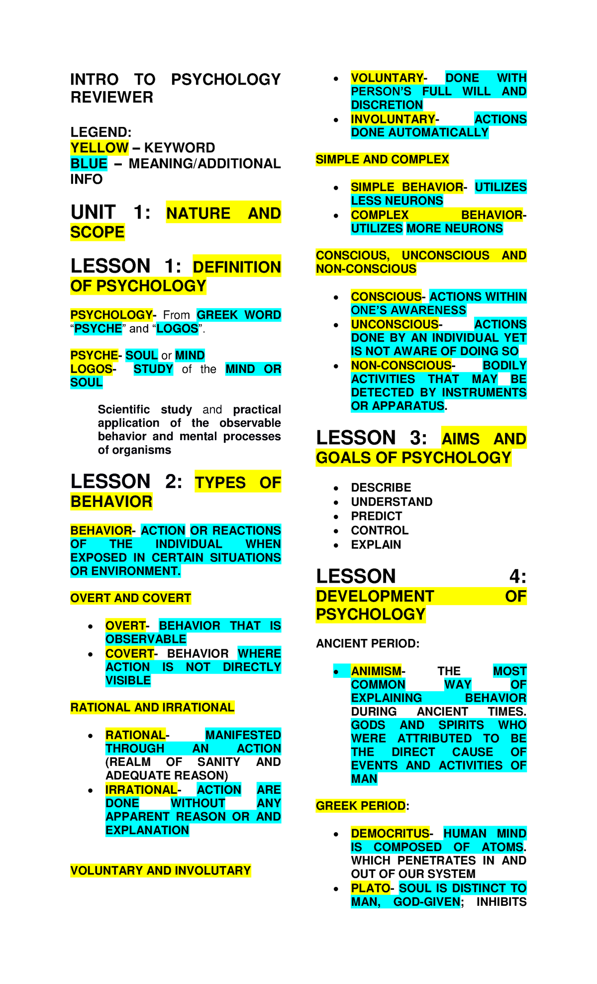 Intro TO Psychology Reviewer - INTRO TO PSYCHOLOGY REVIEWER LEGEND ...