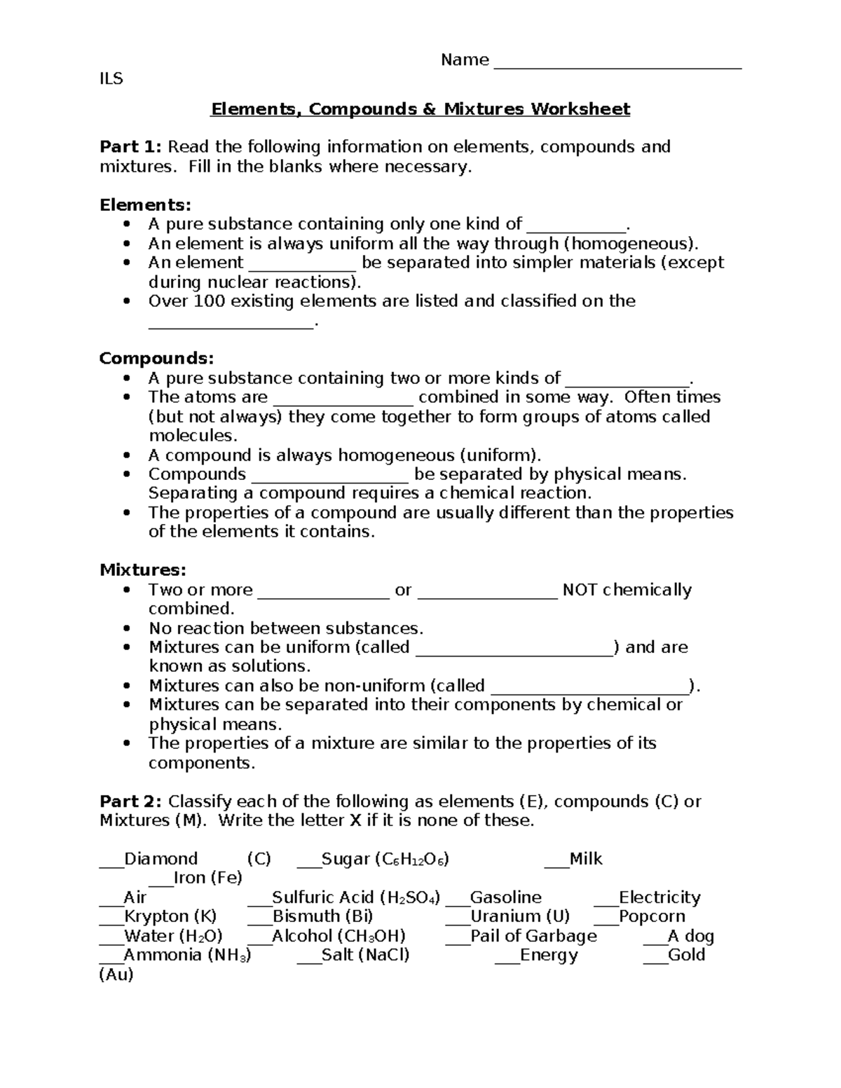 Element Compound Mixture Handout 1nscoo 6 ILS Elements Compounds element-compound-mixture-handout-1nscoo-6-ils-elements-compounds