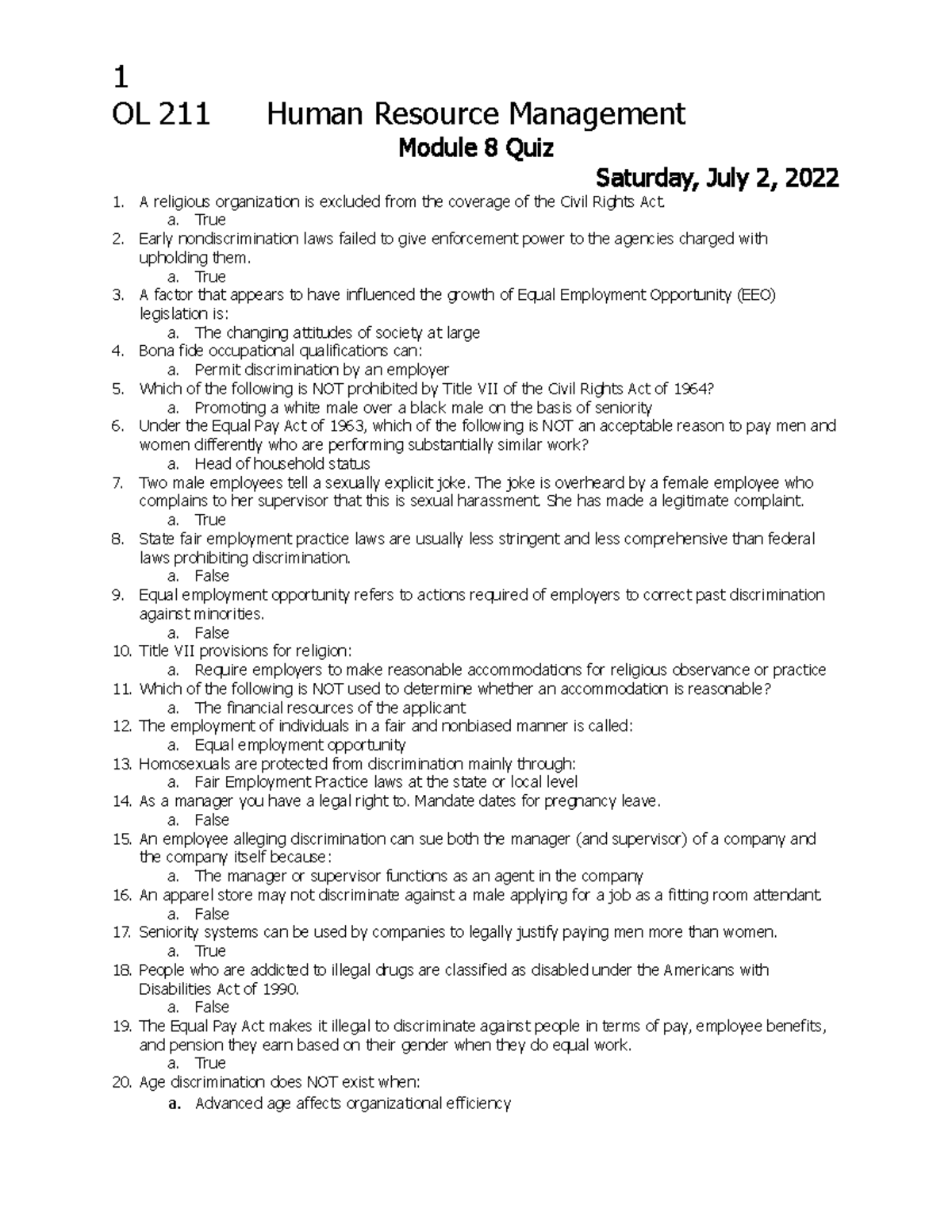 Module 8 Quiz 1 OL 211 Human Resource Management Module 8 Quiz