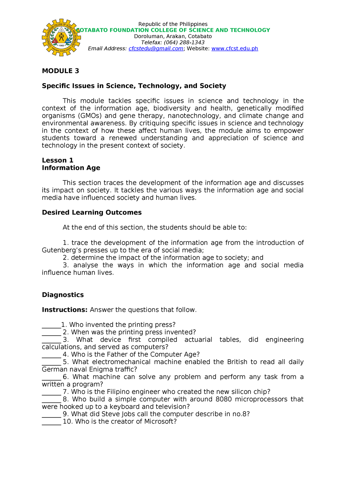 Module 3 Section 1 - BENLAC - COTABATO FOUNDATION COLLEGE OF SCIENCE ...