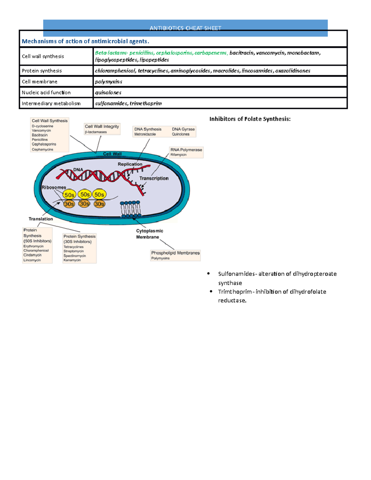 ABX Cheat Sheet - ABX QN - Mechanisms of action of antimicrobial agents ...