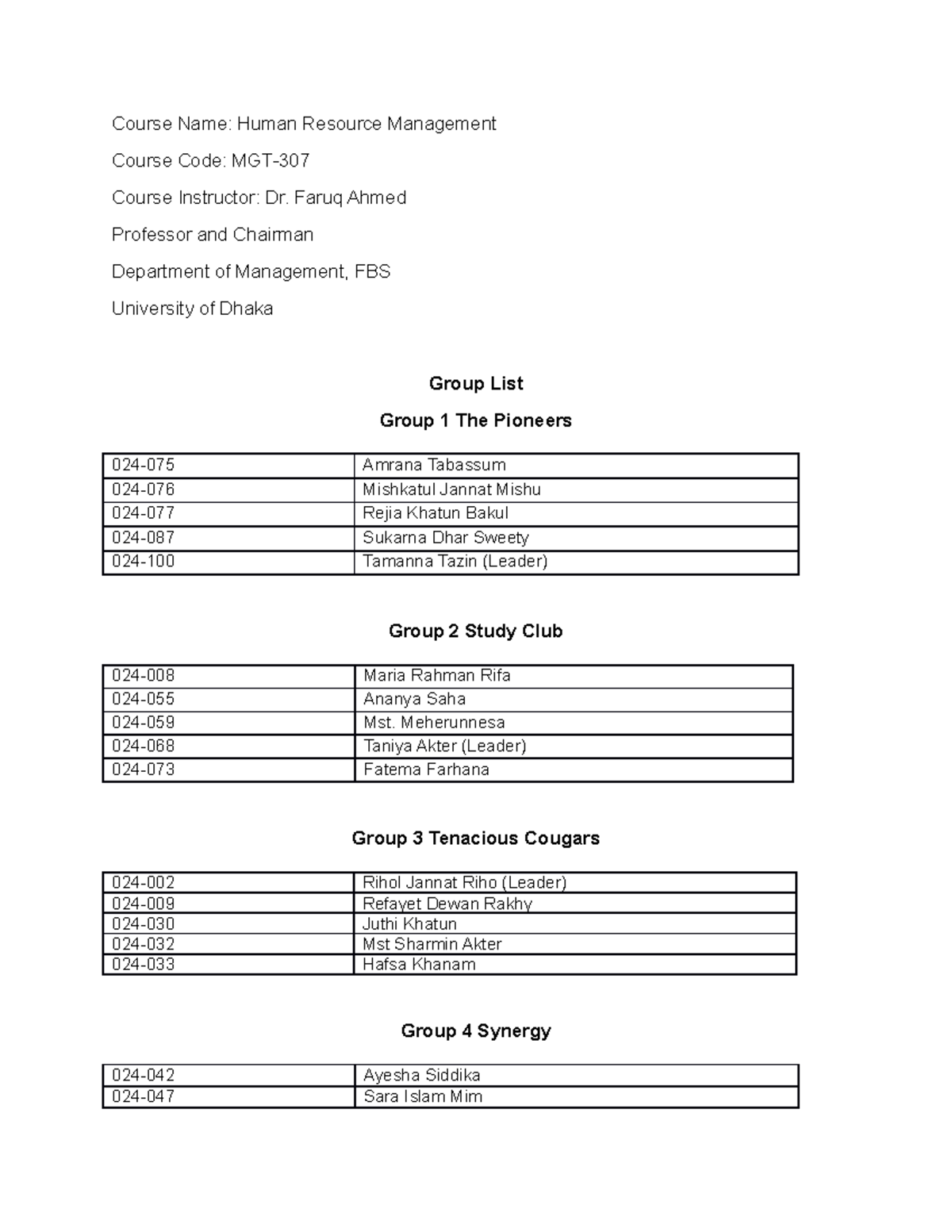 Group List - Operations Management EIB 518/523 - Course Name: Human ...
