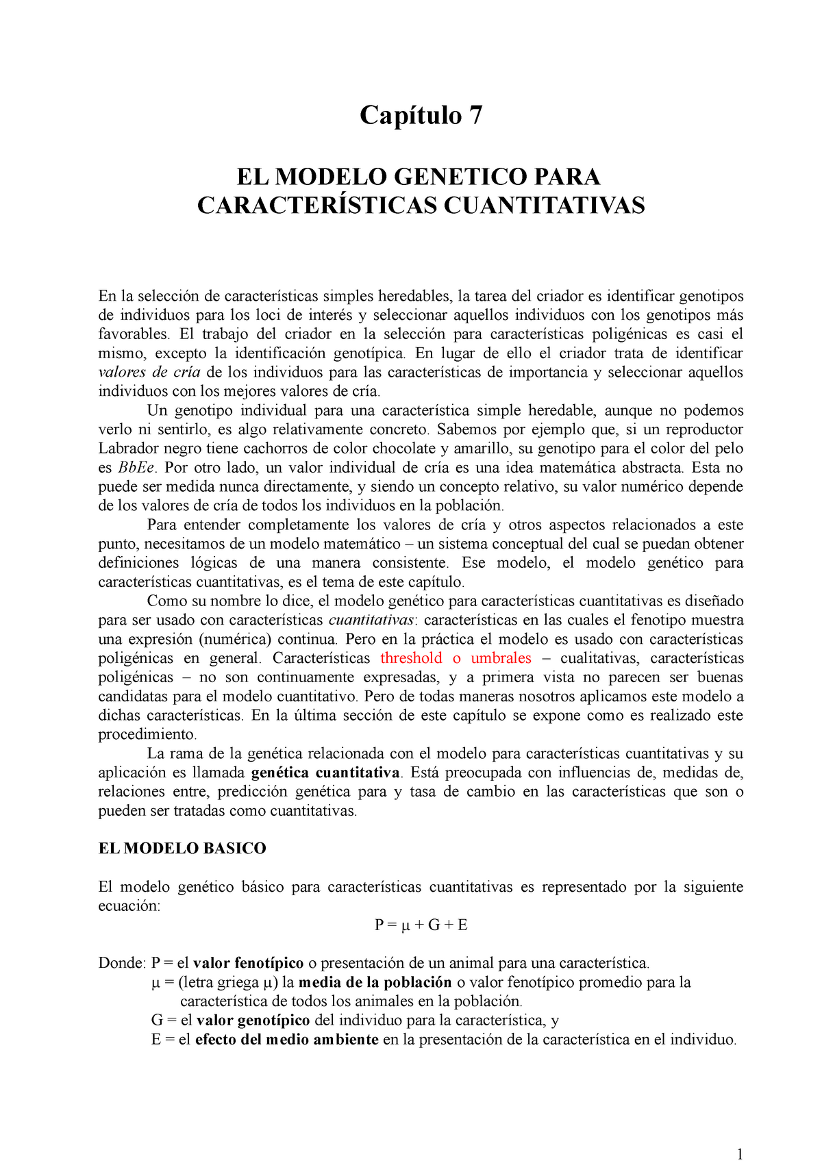 Capítulo-7 - lol - Capítulo 7 EL MODELO GENETICO PARA CARACTERÍSTICAS  CUANTITATIVAS En la selección - Studocu