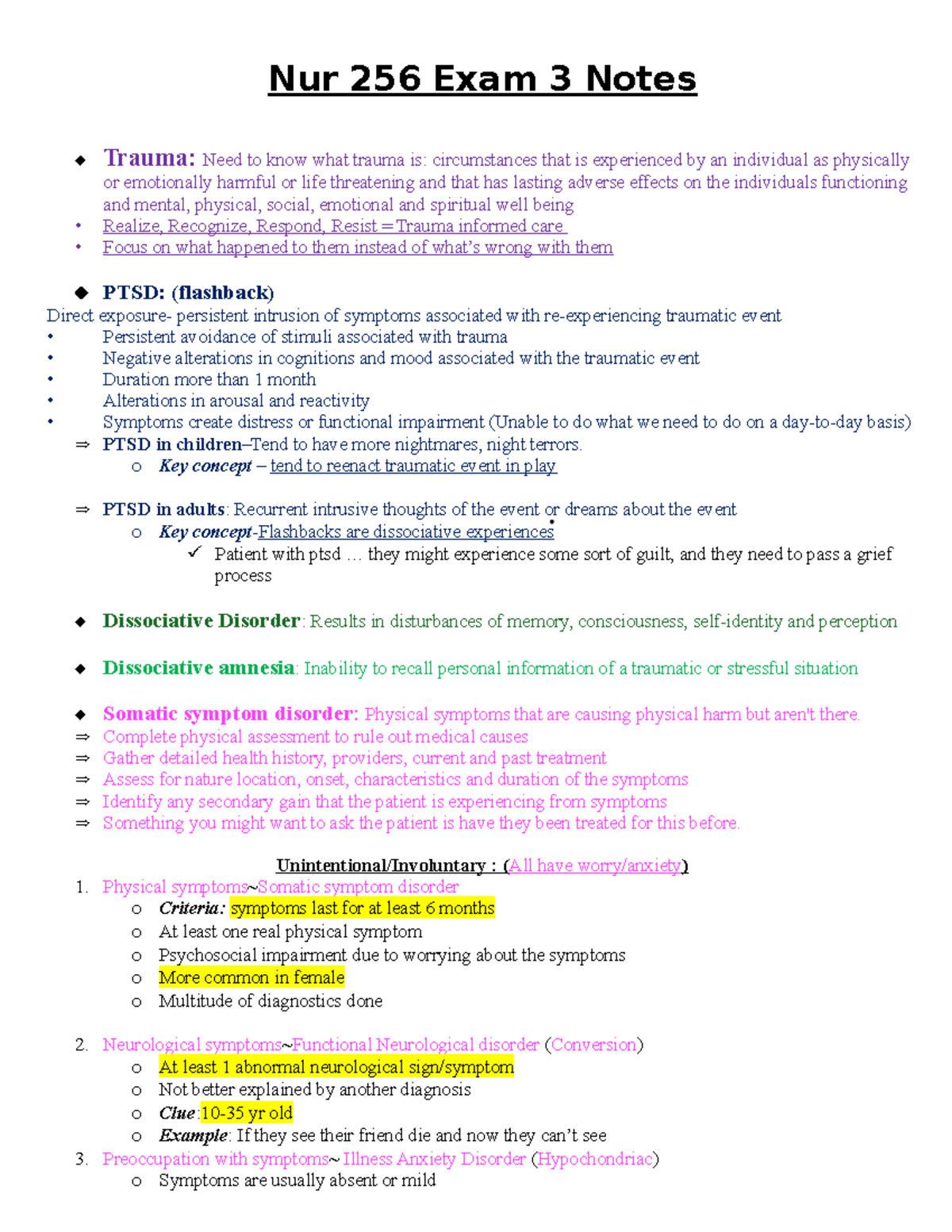 Nur 256 Exam 3 Notes-2 - Notes - Nur 256 Exam 3 Notes Trauma: Need to ...