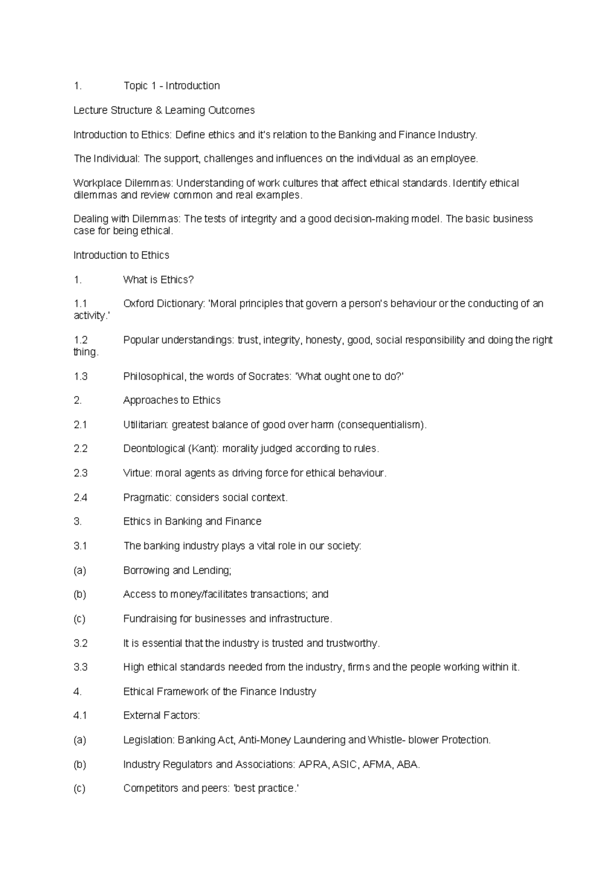 Ethics notes week 1 - Topic 1 - Introduction Lecture Structure ...