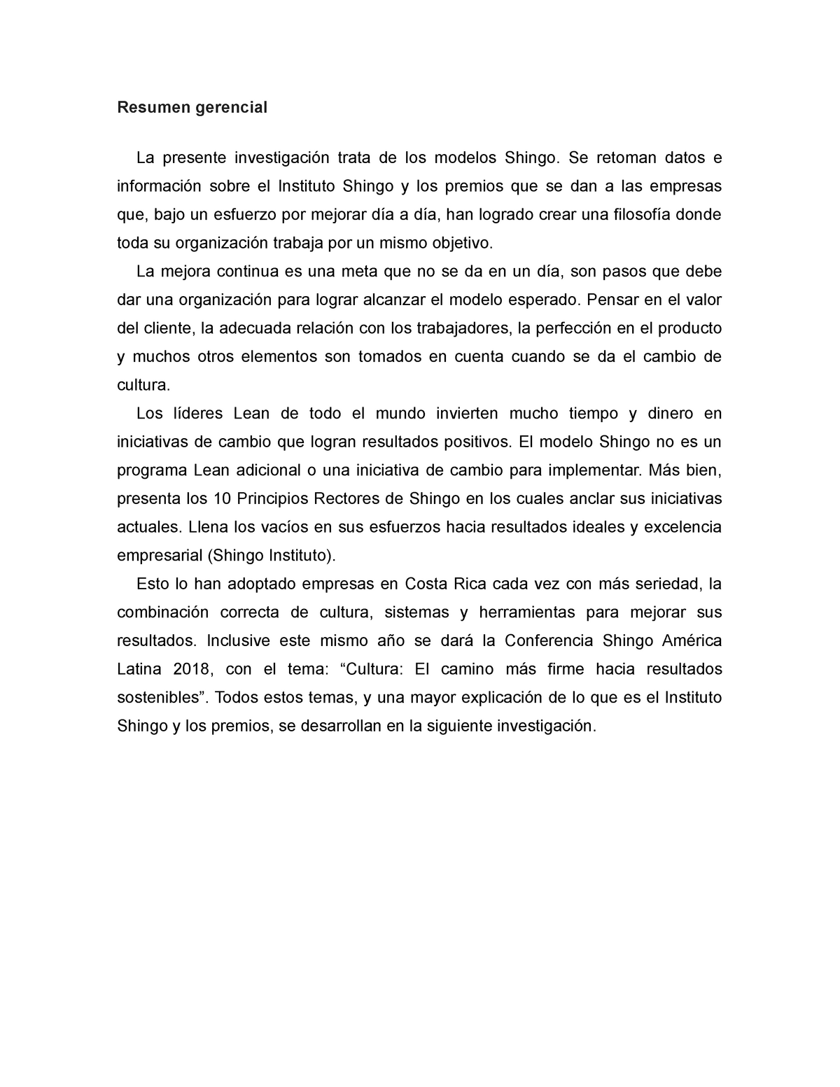 Modelo Shingo - Resumen gerencial La presente investigación trata de los modelos  Shingo. Se retoman - Studocu