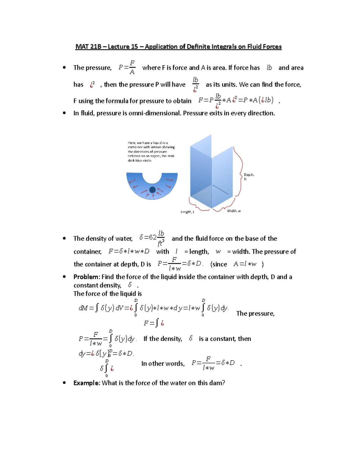 Mat 21b Lecture 15 Application Of Definite Integrals On Fluid