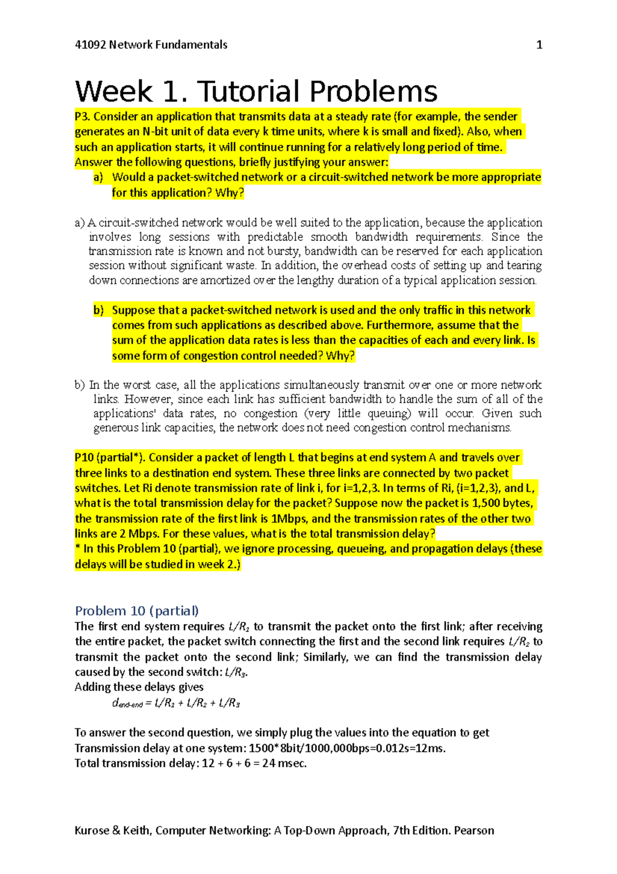 Week 1 Tut Problems Q&A - 41092 Network Fundamentals 1 Week 1. Tutorial ...