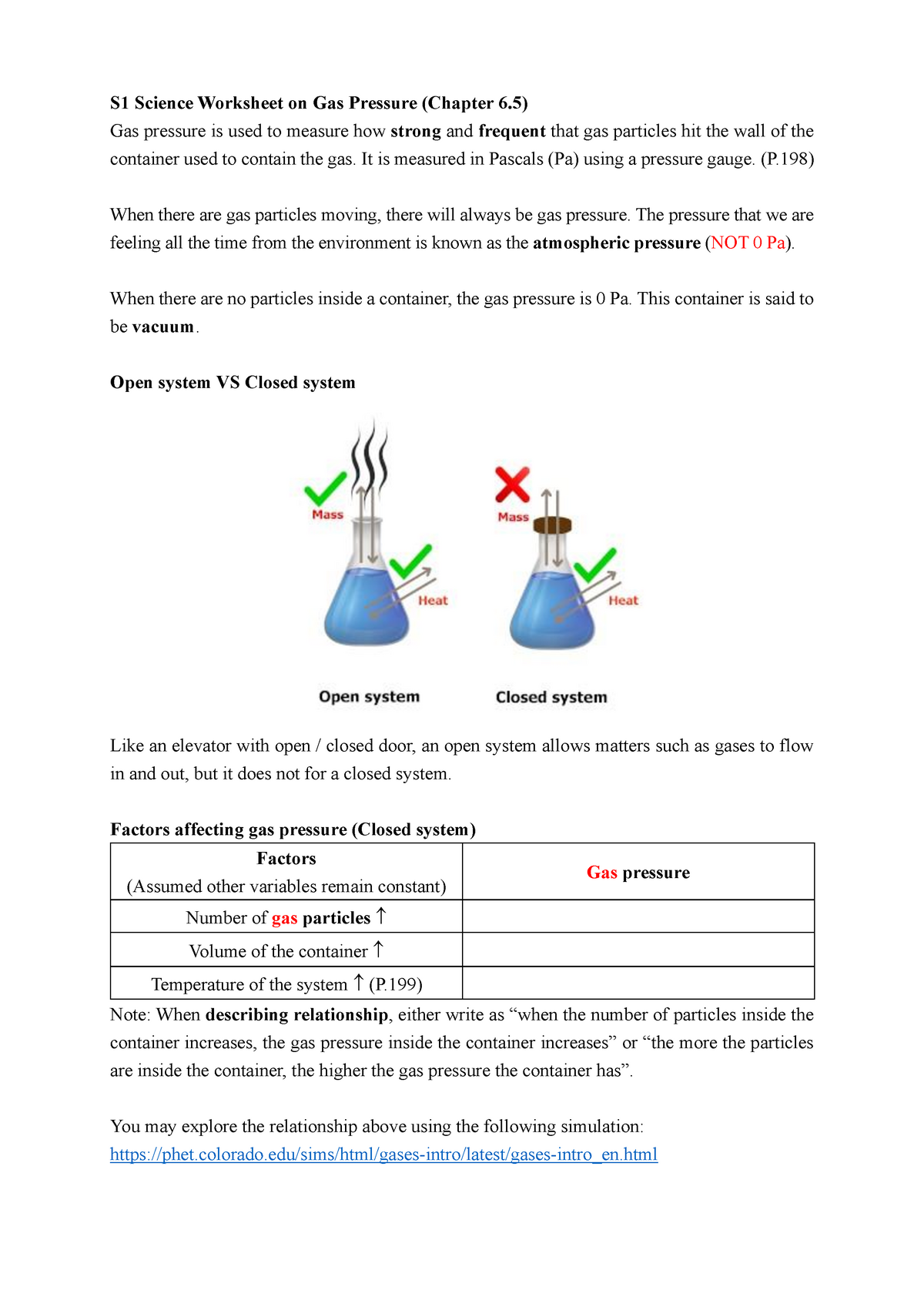 S221 Science Worksheet on Gas Pressure (S) - S221 Science Worksheet on Intended For Gas Variables Worksheet Answers