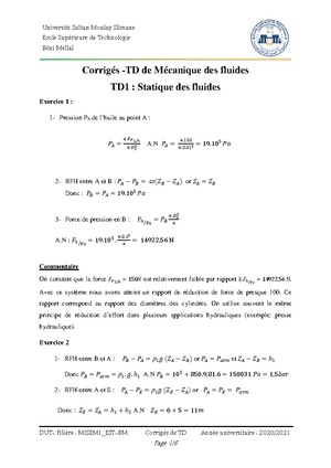 TD N1-Hydrostatique - Travaux Dirigés Numéro 1 En Mécanique Des Fluides ...