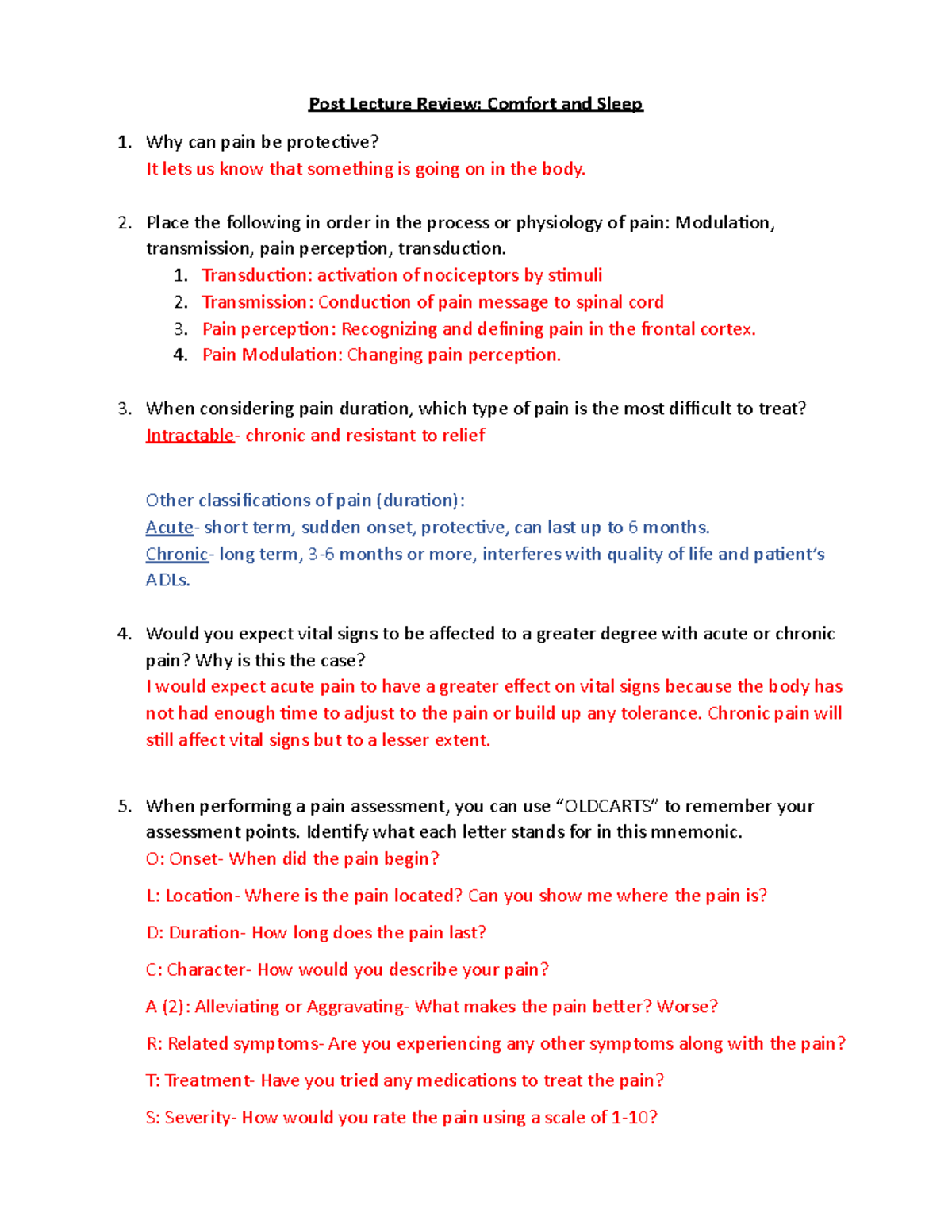 Post Lecture Review-comfort and sleep Notes - Post Lecture Review ...