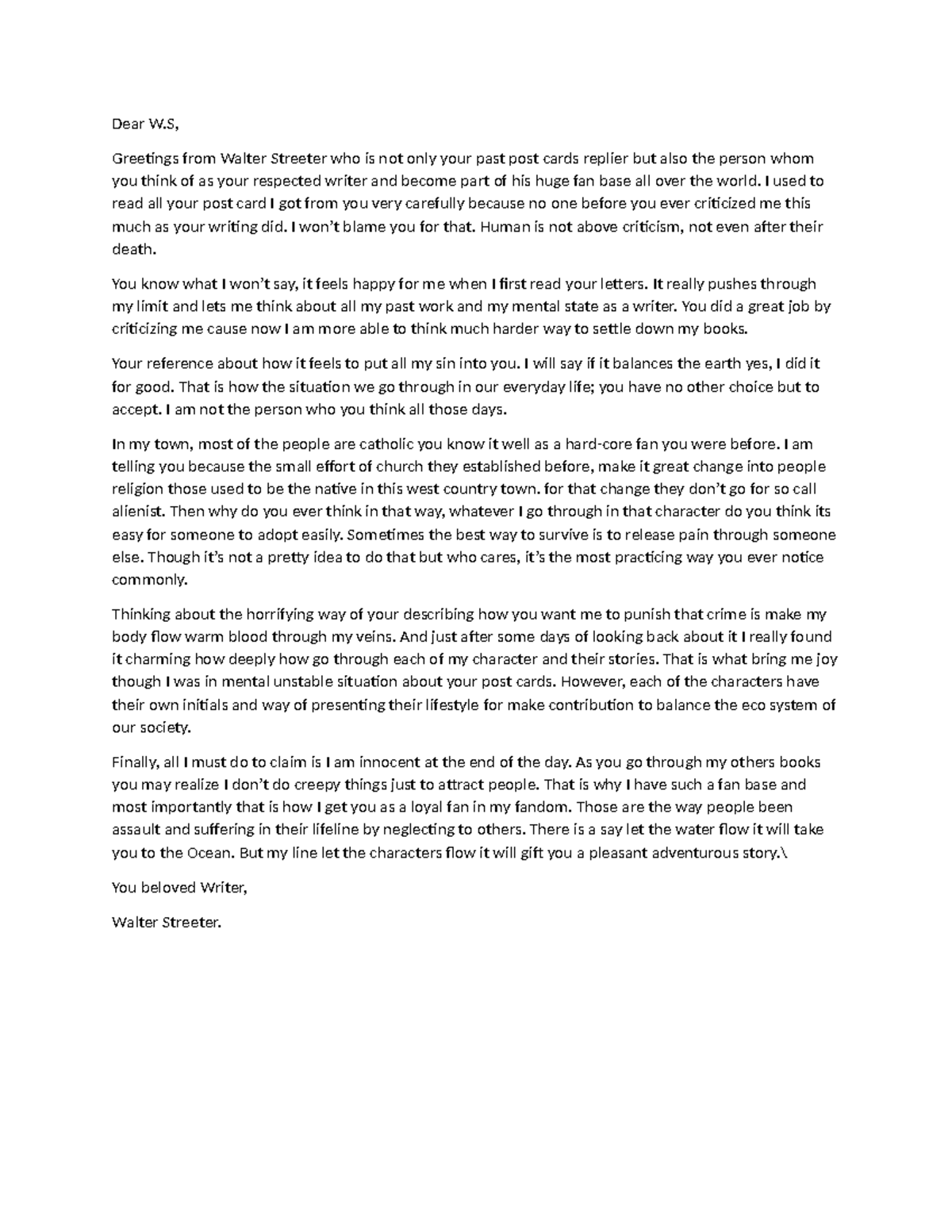 Assinment of WS -01 - note - Dear W, Greetings from Walter Streeter who ...
