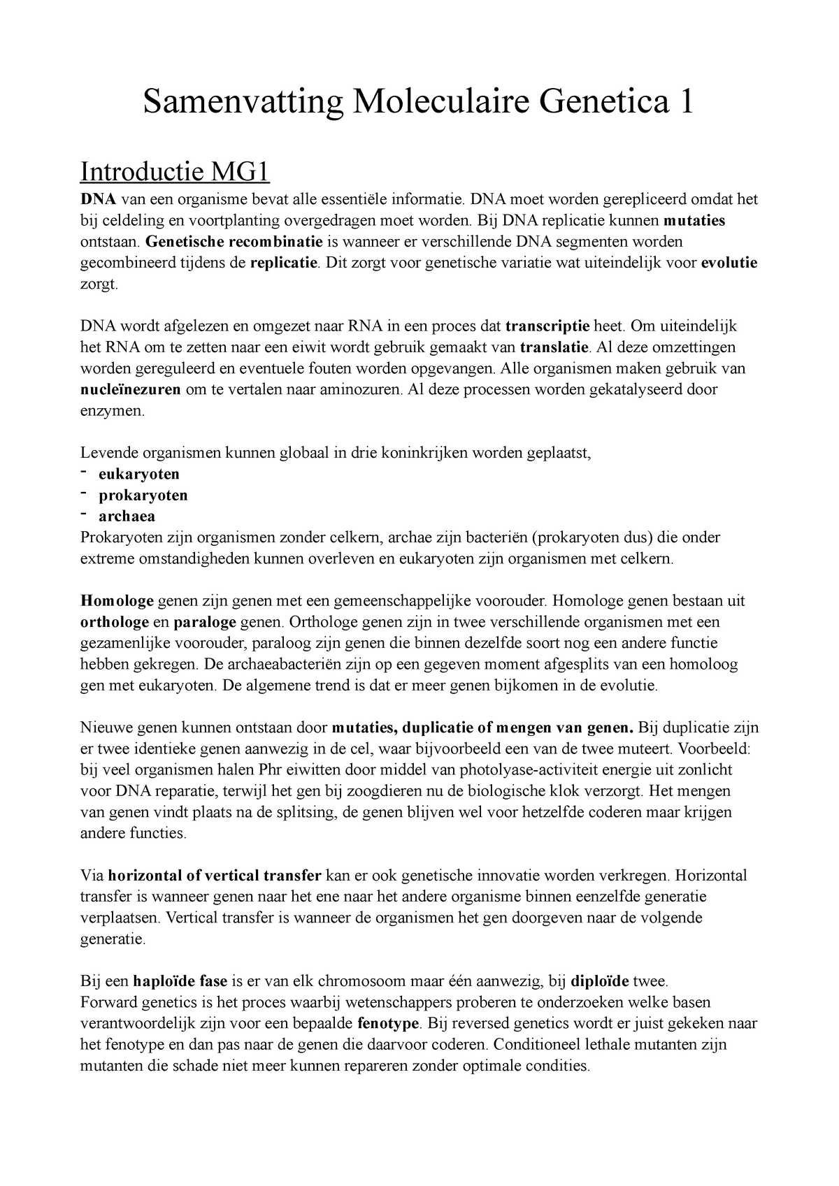 Samenvatting MG1 - Samenvatting Moleculaire Genetica 1 Introductie MG ...