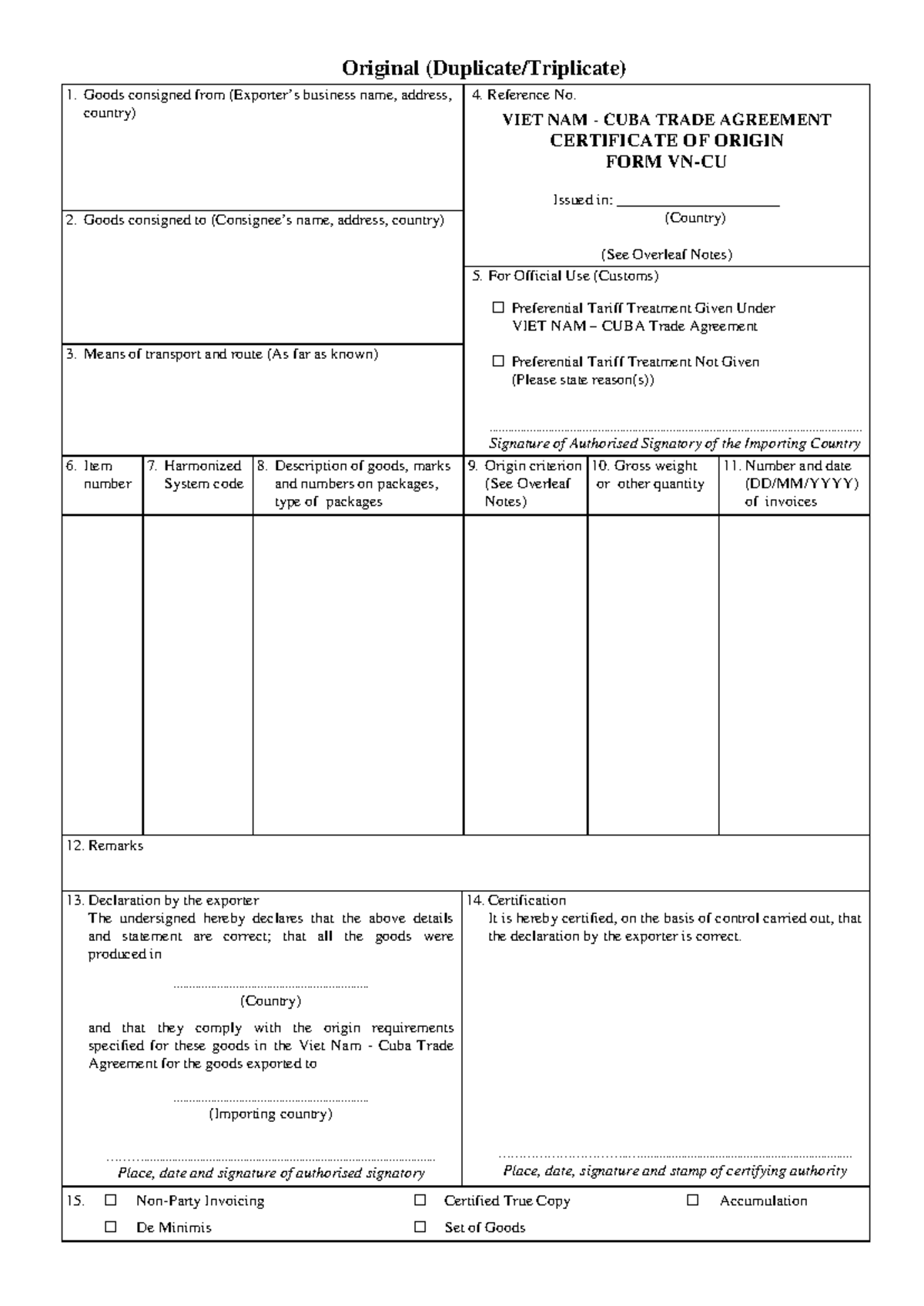Form VN-CU - CO FORM VN-CU - Original (Duplicate/Triplicate) 1. Goods ...