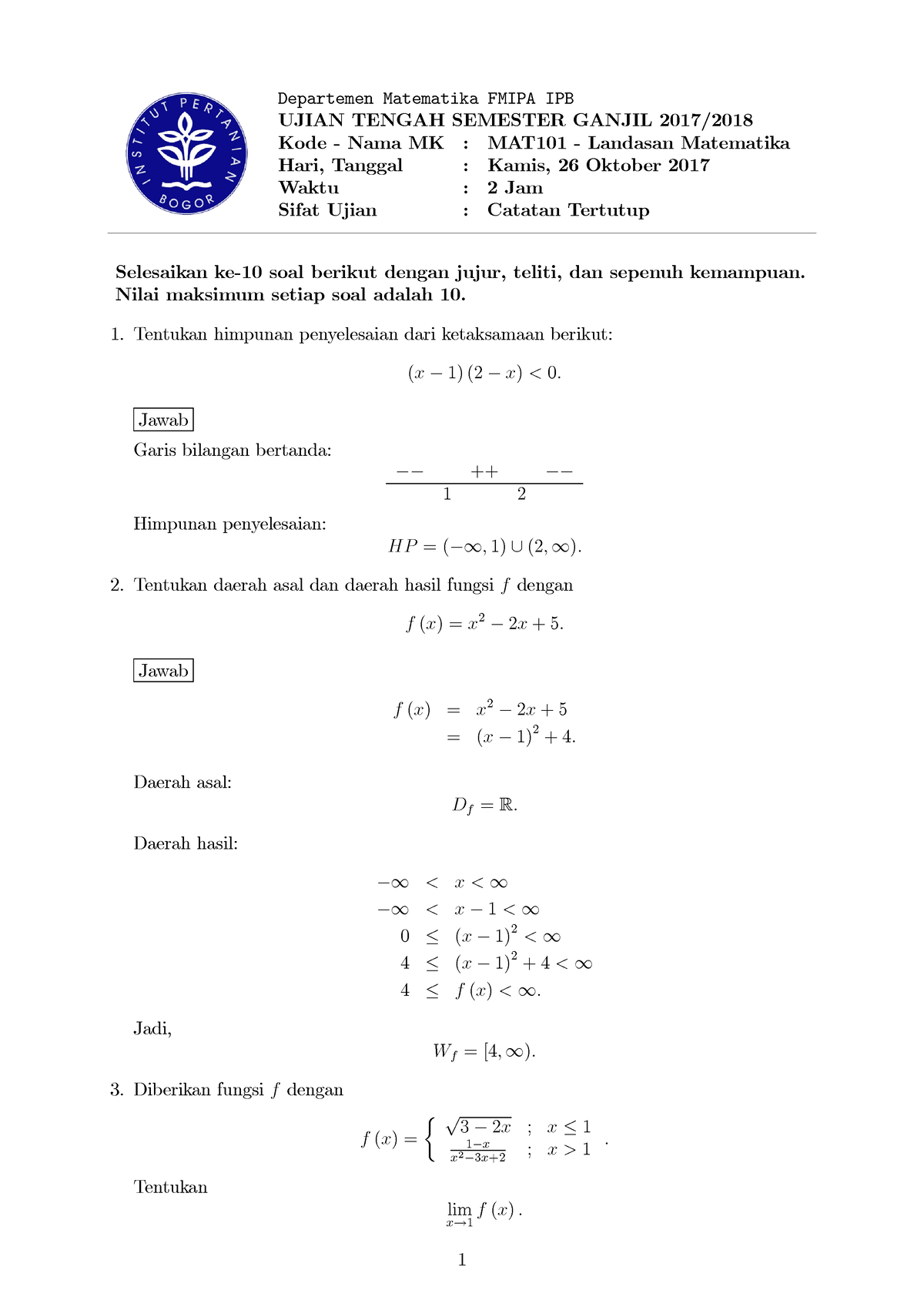 Uts Lm Ganjil 2017 2018 Departemen Matematika Fmipa Ipb Ujian Tengah 