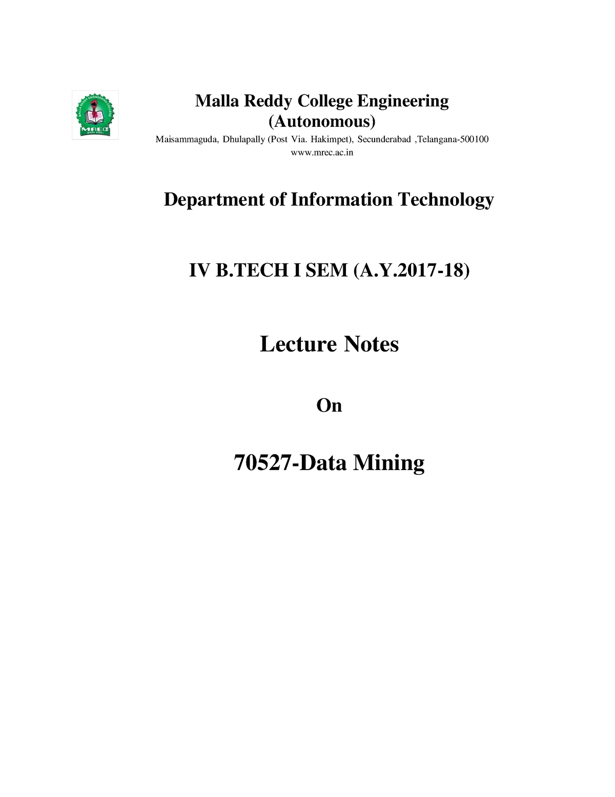 20210624-20210430-Data Mining Notes - Malla Reddy College Engineering ...