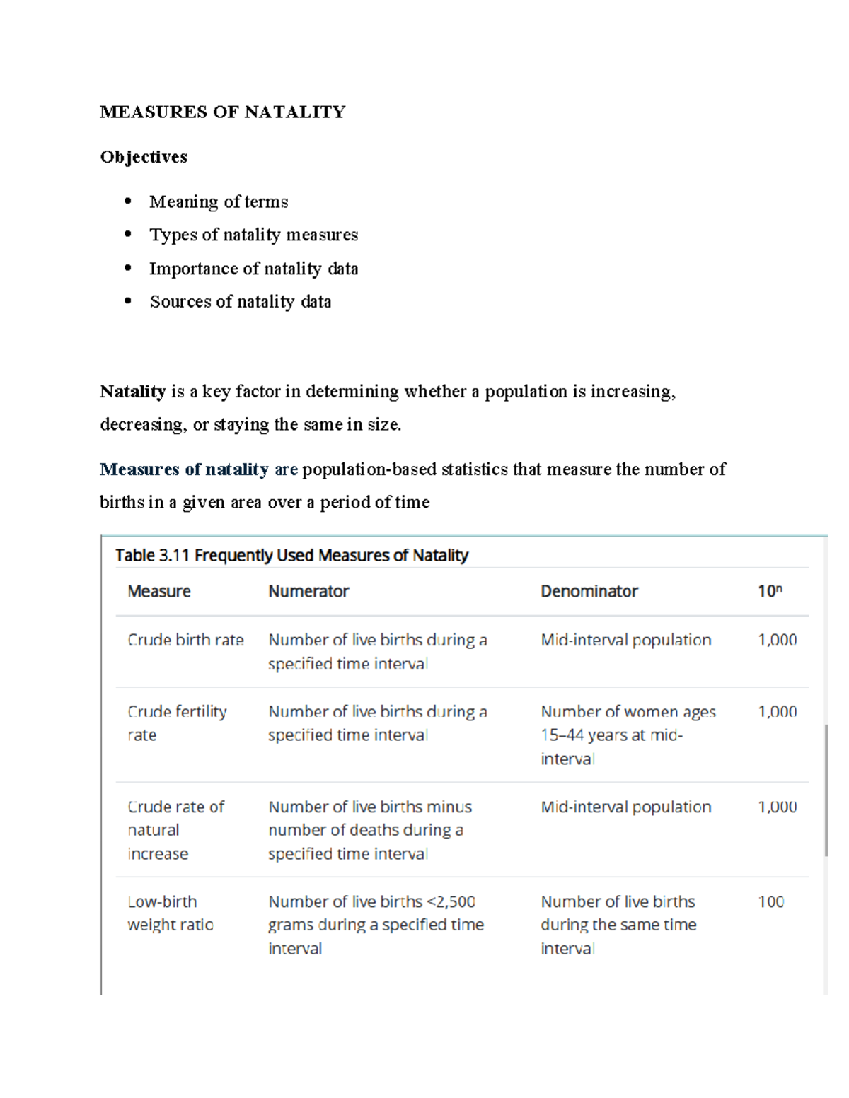 Measures OF Natality - MEASURES OF NATALITY Objectives Meaning of terms ...