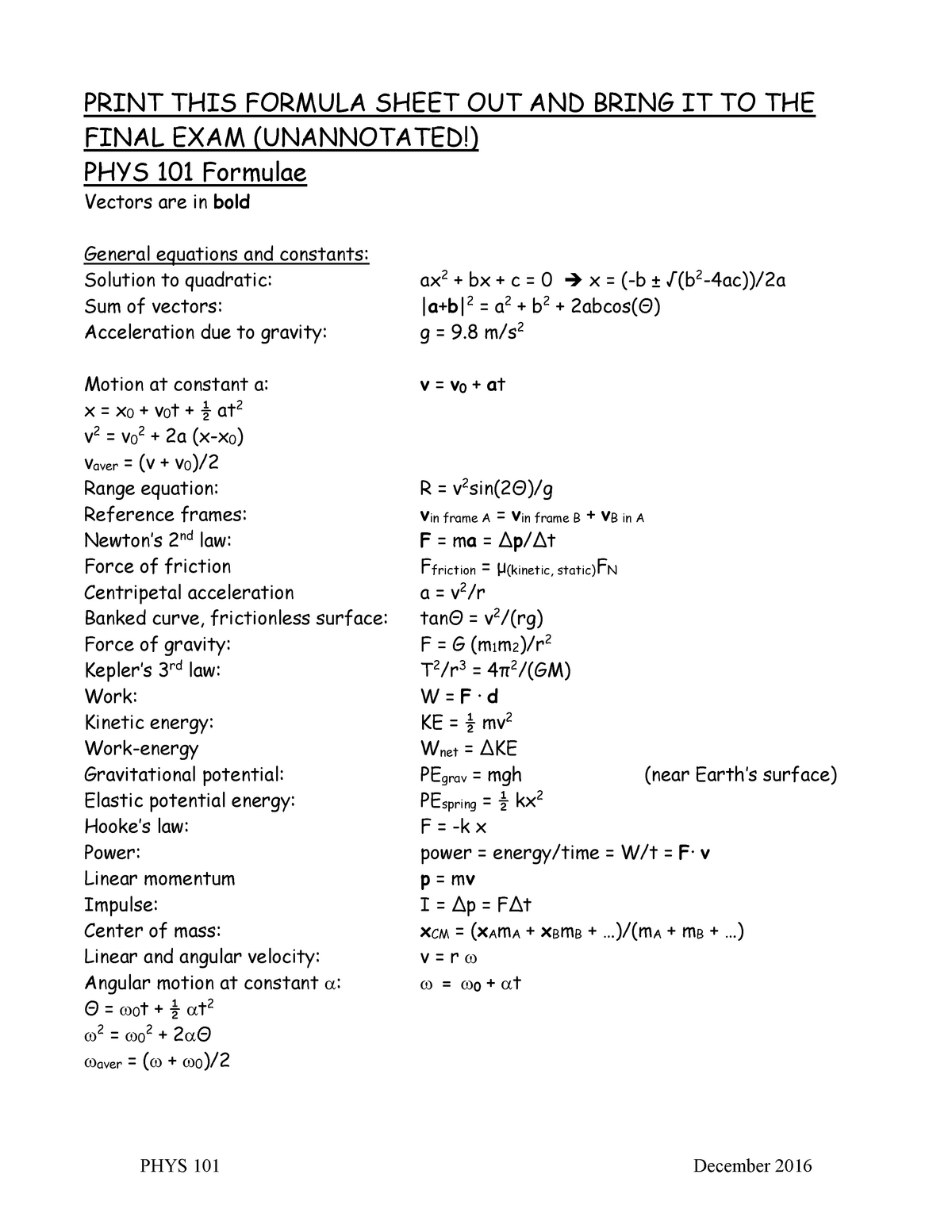 college physics formula sheet 101
