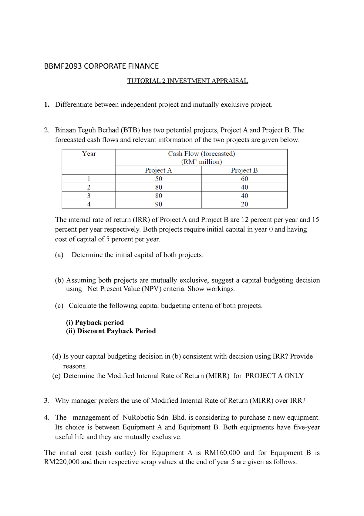 Tutorial 2 Corporate Finance - Studocu