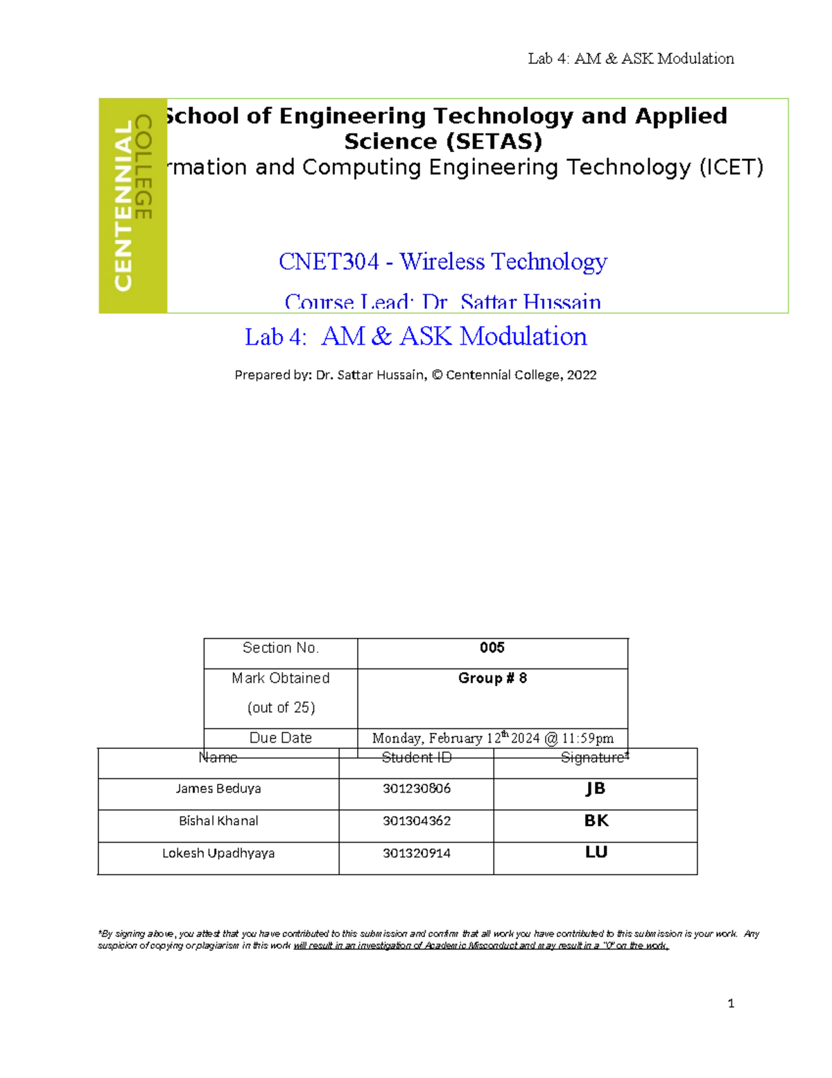 CNET304 Lab 4 AM & ASK Modulation - Lab 4: AM & ASK Modulation Prepared ...
