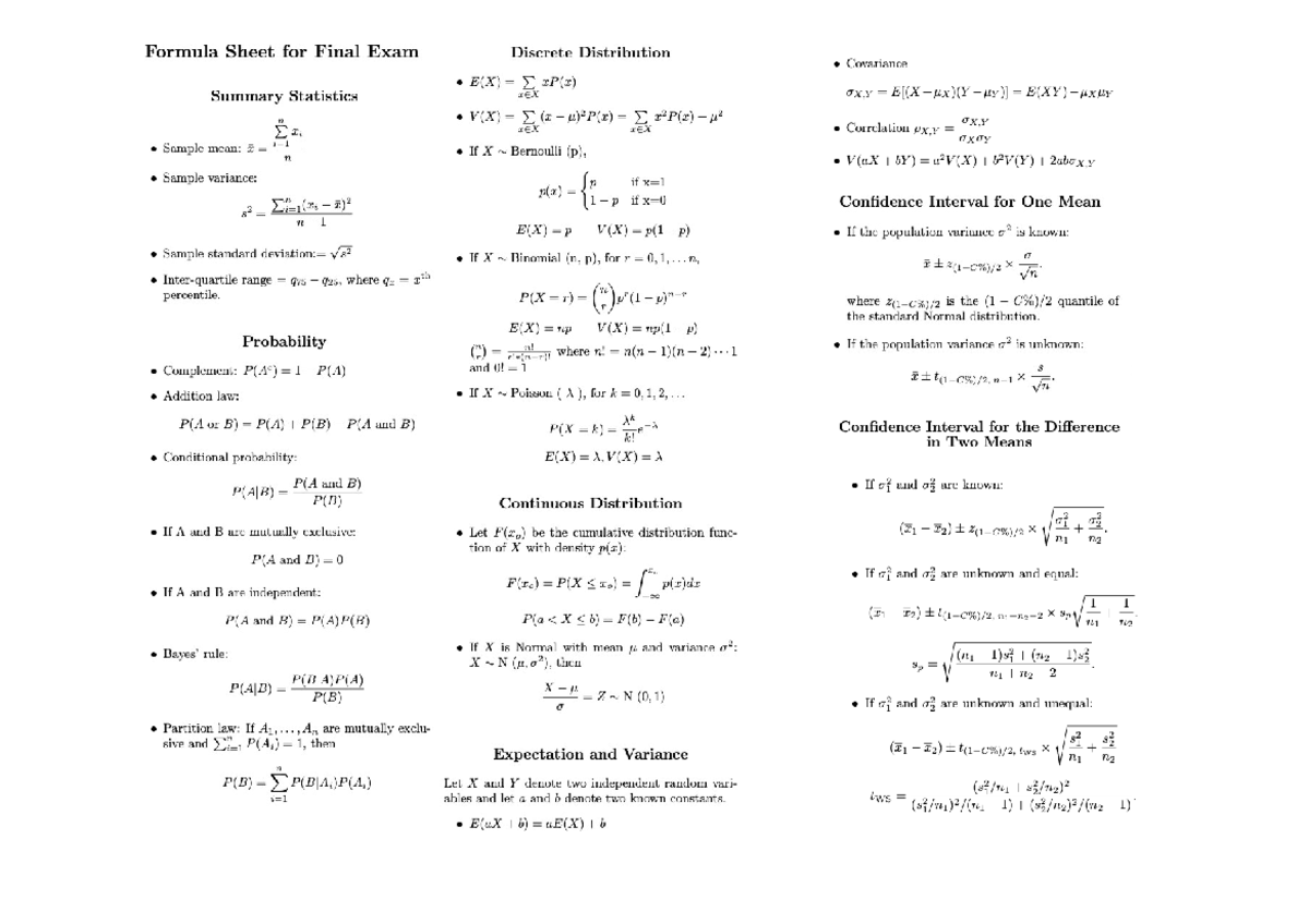Stats for DS Formula Sheet - Statistics For Data Science - Studocu