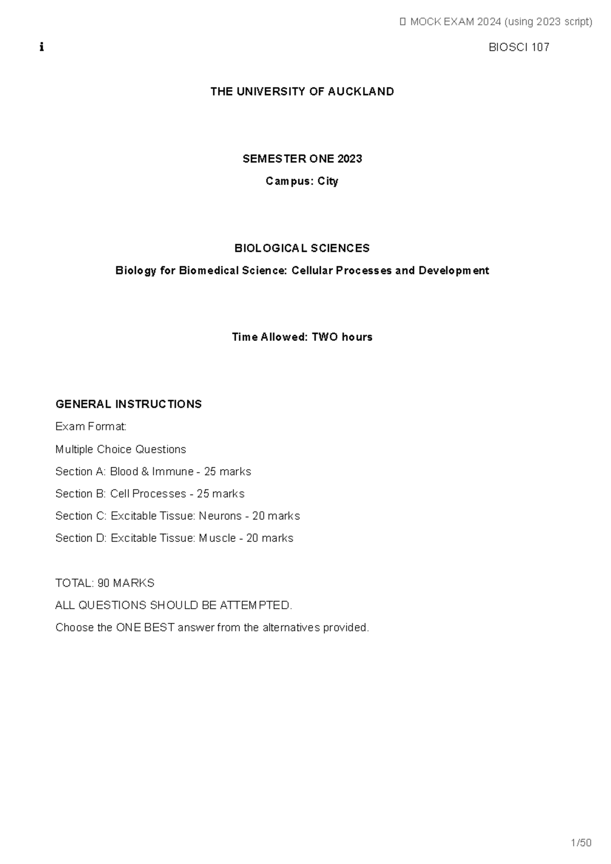 Mock Exam script 2024 - uses 2023 Exam - BIOSCI 107 THE UNIVERSITY OF ...