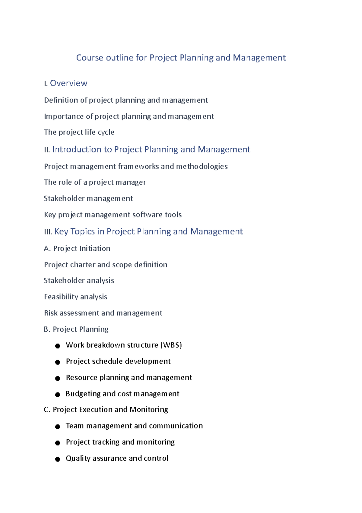 Course Outline Project Planning and Management - Course outline for ...
