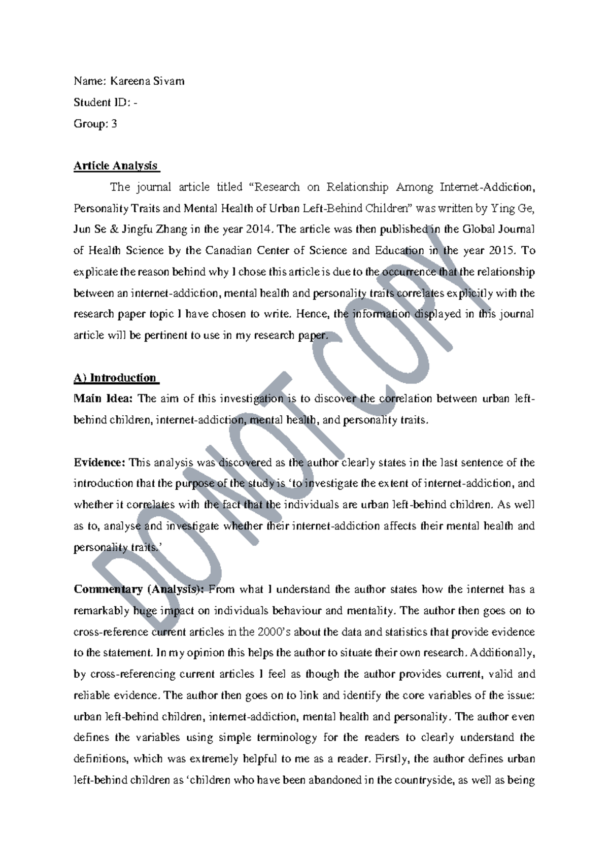 JAA Sample Assessment 1 - Journal Article Review - Name: Kareena Sivam ...