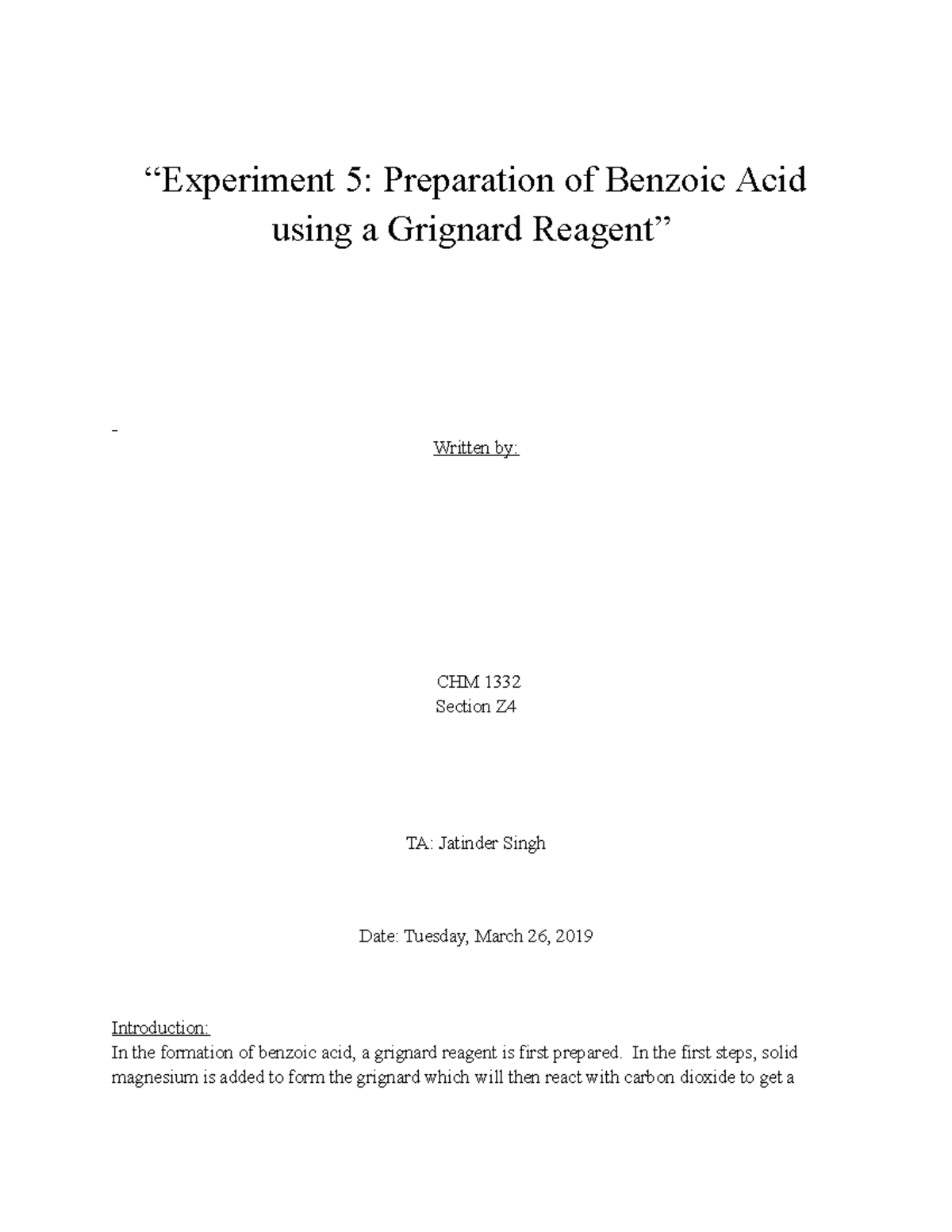 “Experiment 5 Preparation of Benzoic Acid using a Grignard Reagent