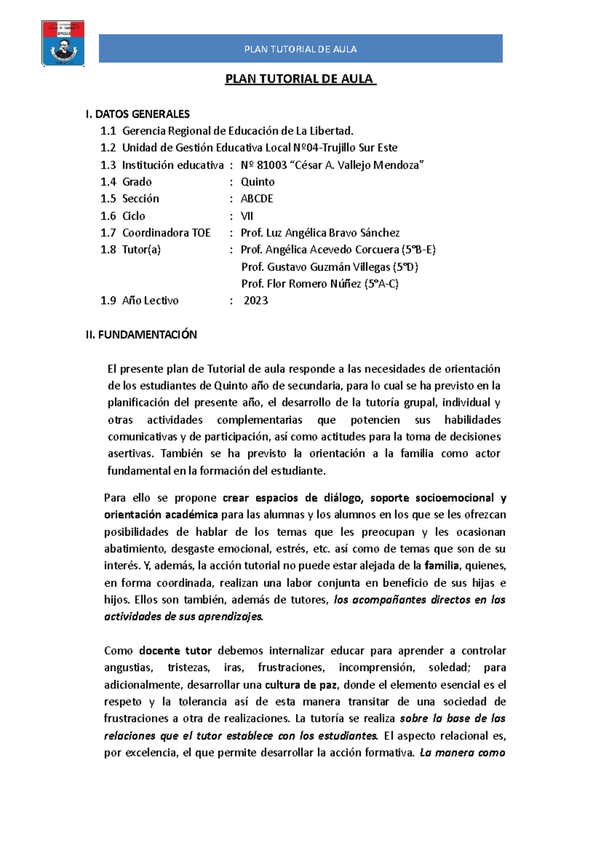 6 PLAN Tutorial DE AULA 2023 - PLAN TUTORIAL DE AULA I. DATOS GENERALES ...