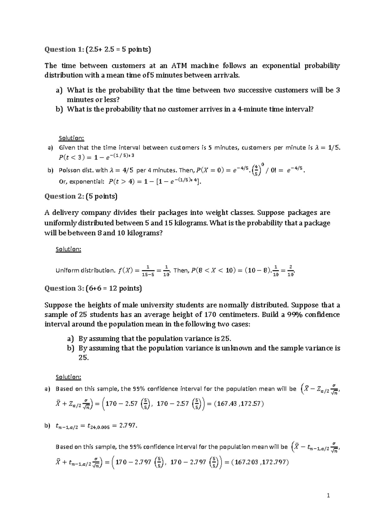 STA220 practice - Question 1 : (2+ 2 = 5 points) The time between ...