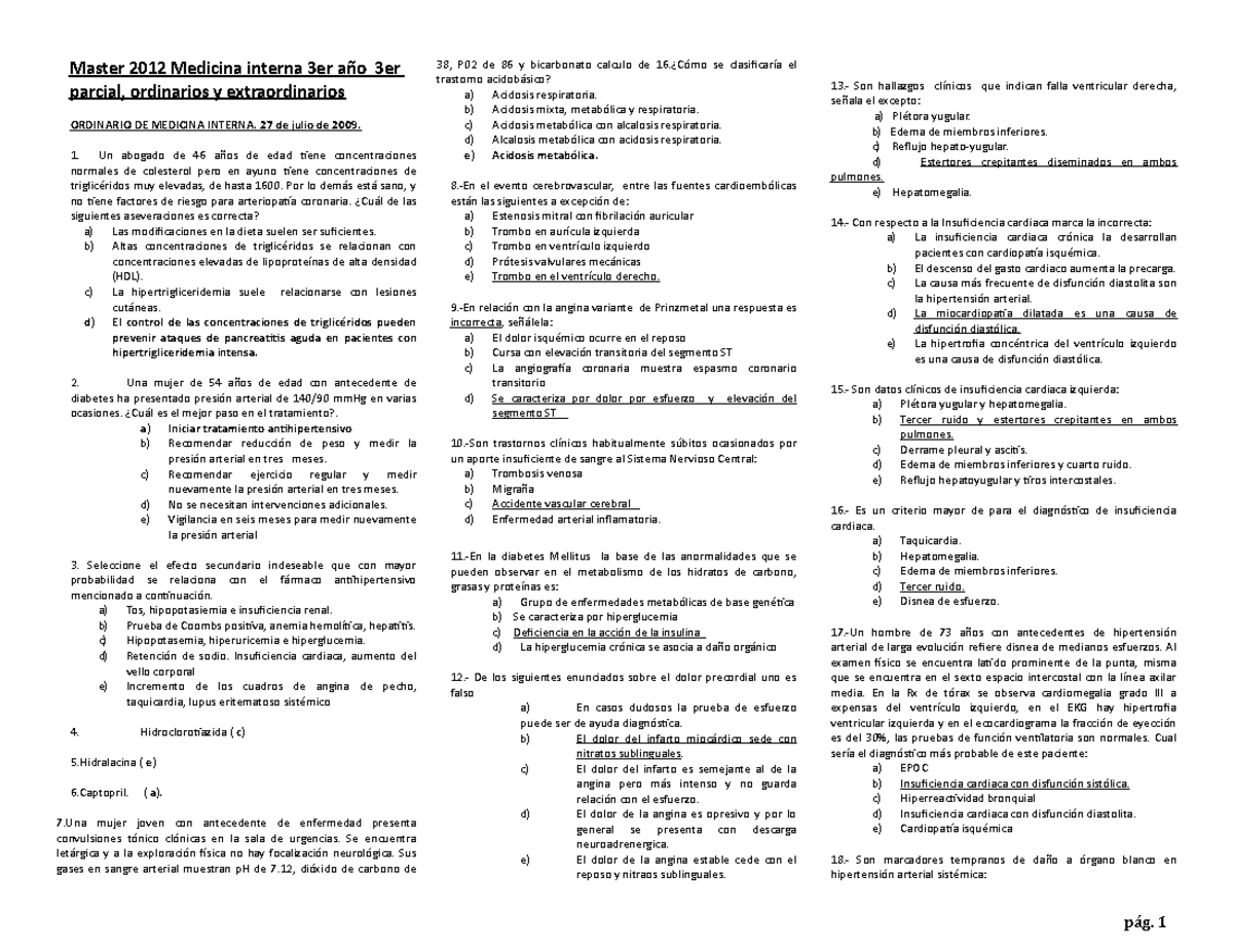 Examen 2012, preguntas y respuestas - Master 2012 Medicina interna 3er