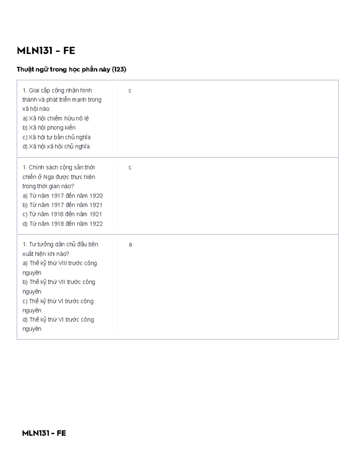 MLN131 FE Quizletkhái niệm MLN131 FE Thuật ngữ trong học phần