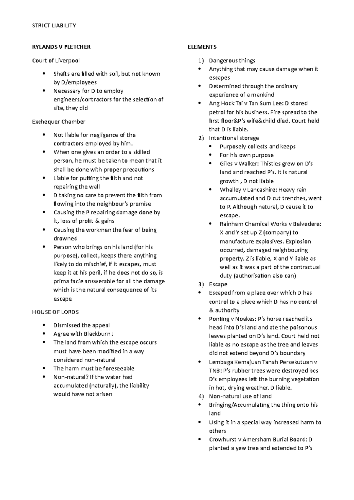 Notes Strict Liability OF Rylands V Fletcher - STRICT LIABILITY RYLANDS ...