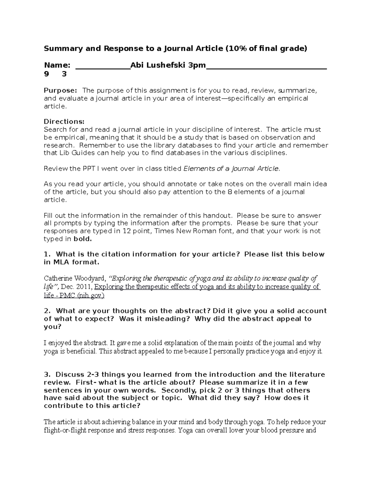Article Analysis - Summary and Response to a Journal Article (10% of ...