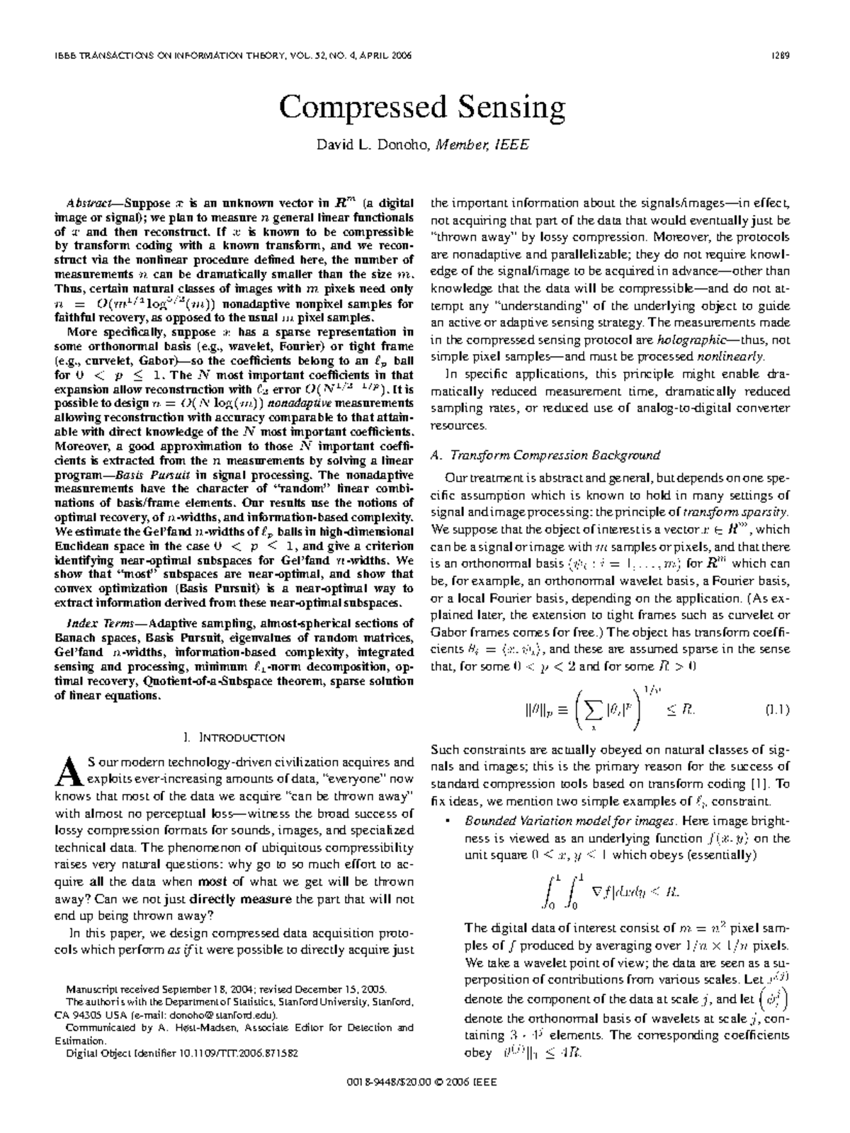 20 Compressed sensing Donoho - IEEE TRANSACTIONS ON INFORMATION THEORY ...